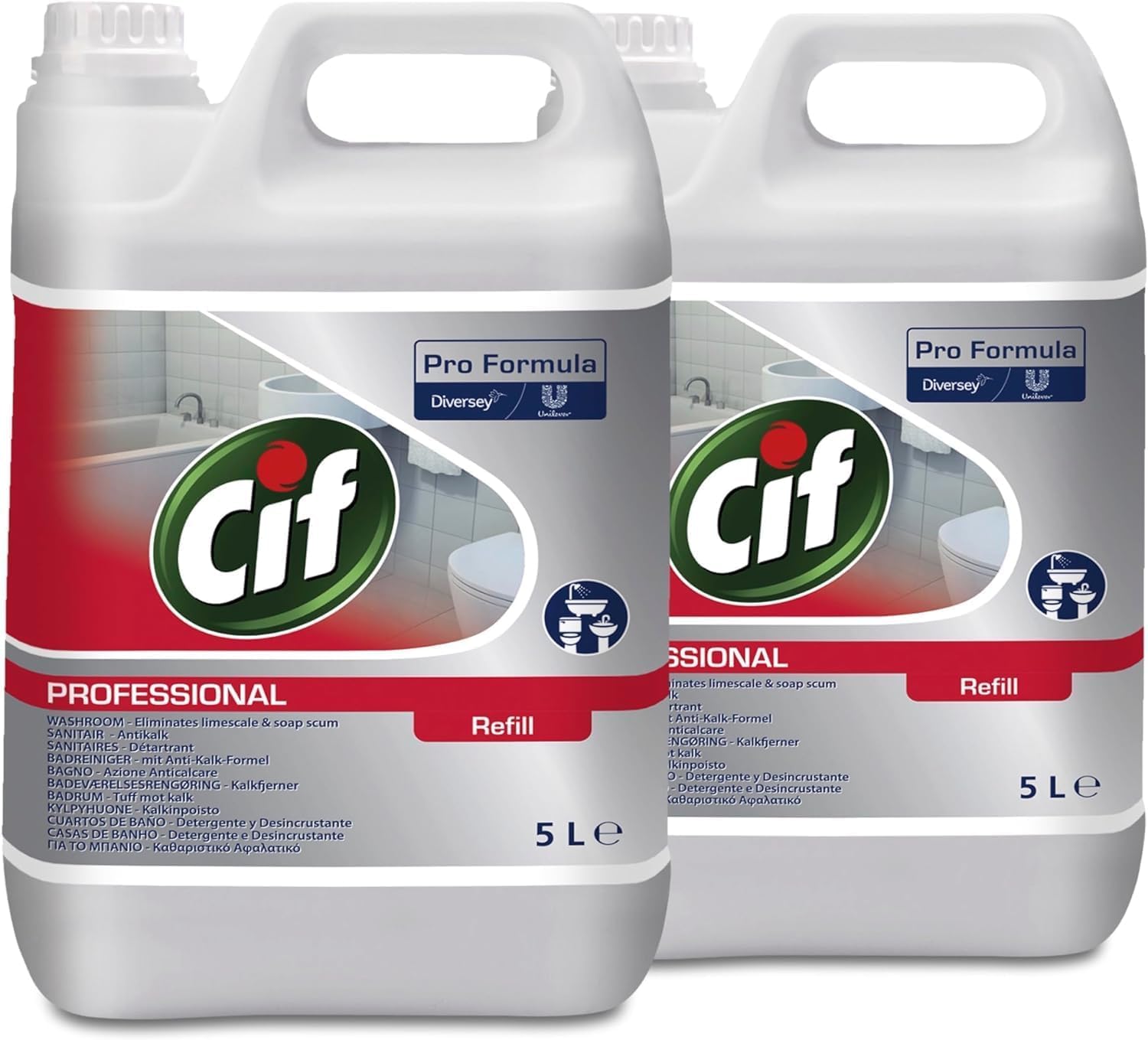 Cif Professional Badreiniger 2in1 – Kraftvoller Kalkreiniger & Duschreiniger, Sanitärreiniger für Bad & WC, geeignet für Chrom, Kunststoff & Keramik, 2 x 5 L