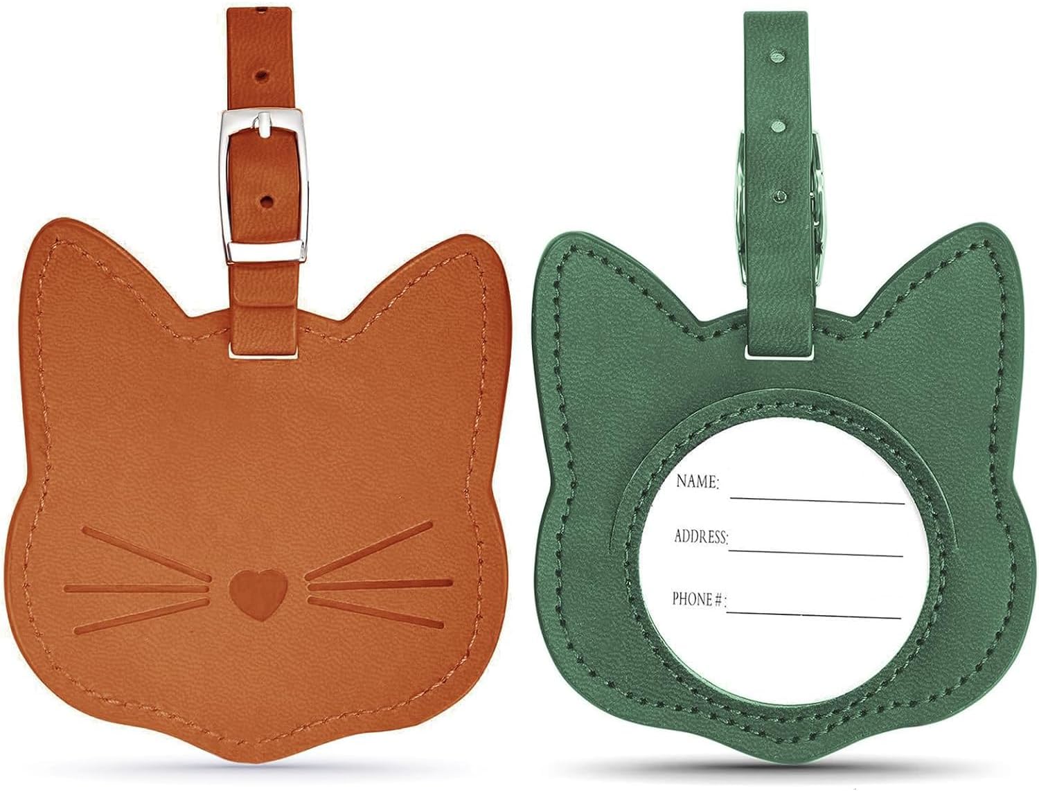 2 Pcs Cute Cat Shape Luggage Tag Premium Leather Suitcases Tags 2 Colors Luggage Identifiers with ID Label Card and Adjustable Strap for Suitcase Baggage Travel (Brown and Green) 2 Pcs Cute Cat Shape Luggage Tag Premium Leather Suitcases Tags 2 Colors Luggage Identifiers with ID Label Card and Adjustable Strap for Suitcase Baggage Travel (Brown and Green)