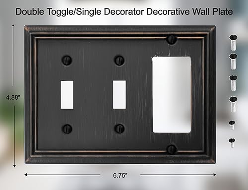 Miniatura 2 de Adler - Placa de pared de metal para interruptor de luz de doble palancaindividual, paquete de 2 unidades de bronce envejecido de 3 bandas, cubierta