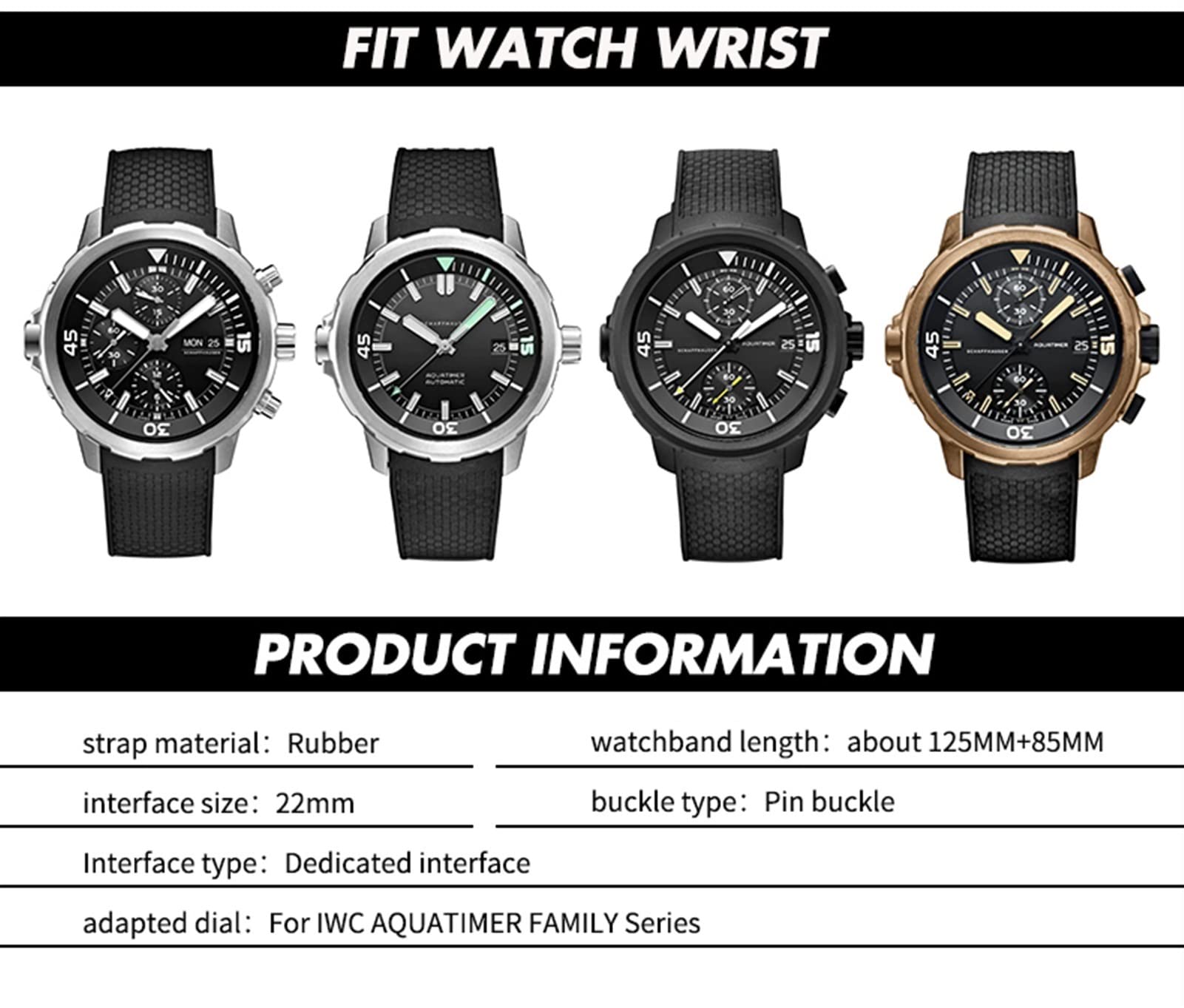 Für IWC Aquatimer IW329001 IW376803, schwarzes wasserdichtes Armband, Silikon-Uhrenarmband, 22 mm Schnellwechselsystem, Gummi-Armband