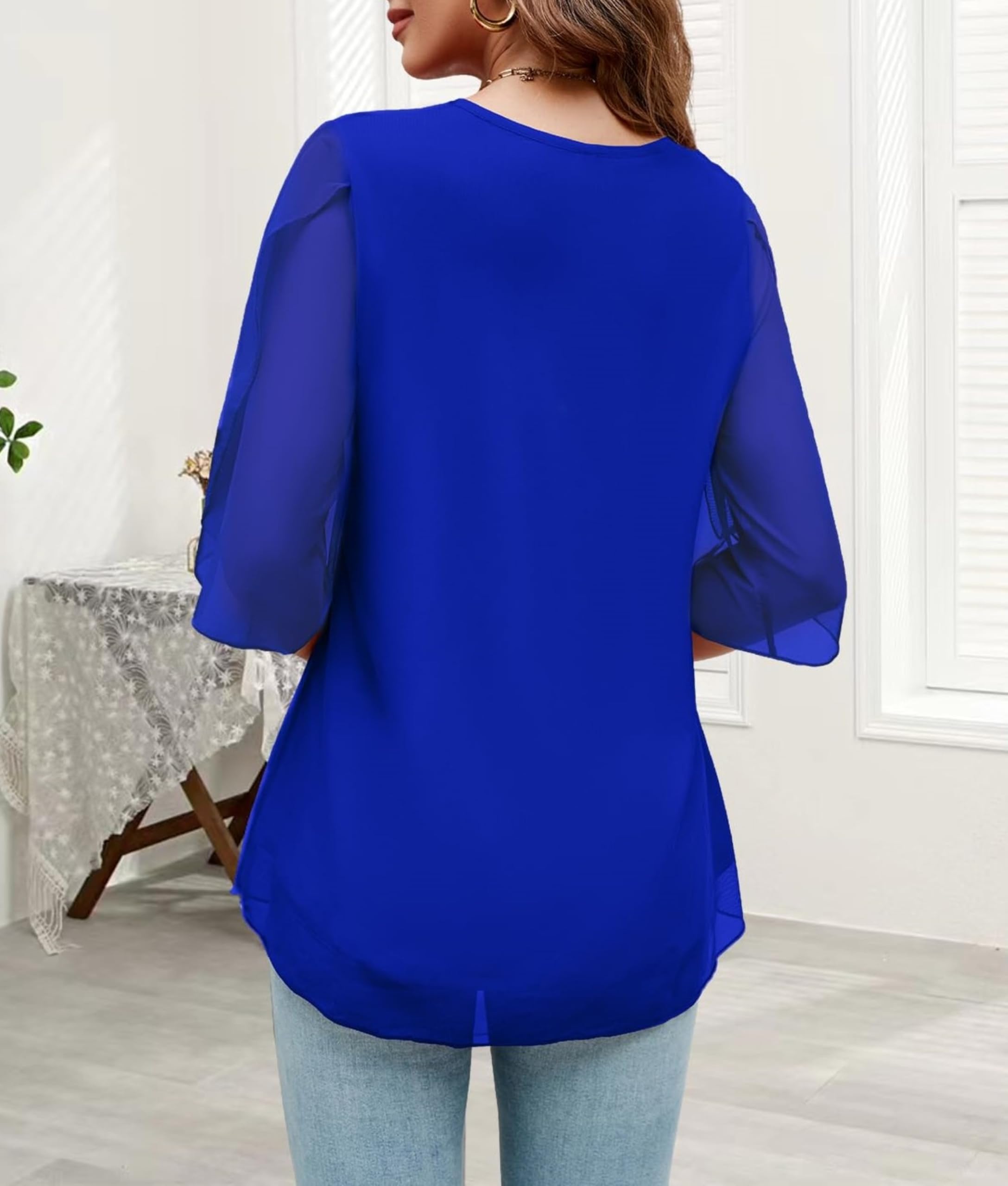 Timuspo Tunique en mousseline de soie pour femme - Col rond - Grandes tailles - Demi-manches - Pour l'été - Coupe ample