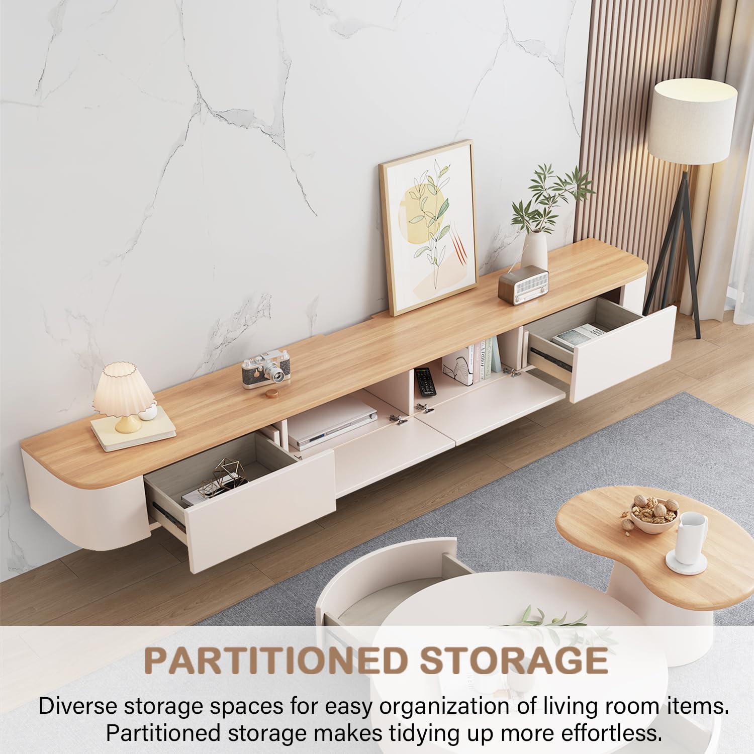 Meuble TV Suspendu Moderne | Console multimédia de Divertissement Murale | Grand Banc de Rangement pour TV pour Salon et Bureau (Blanc Bois, 160cm)