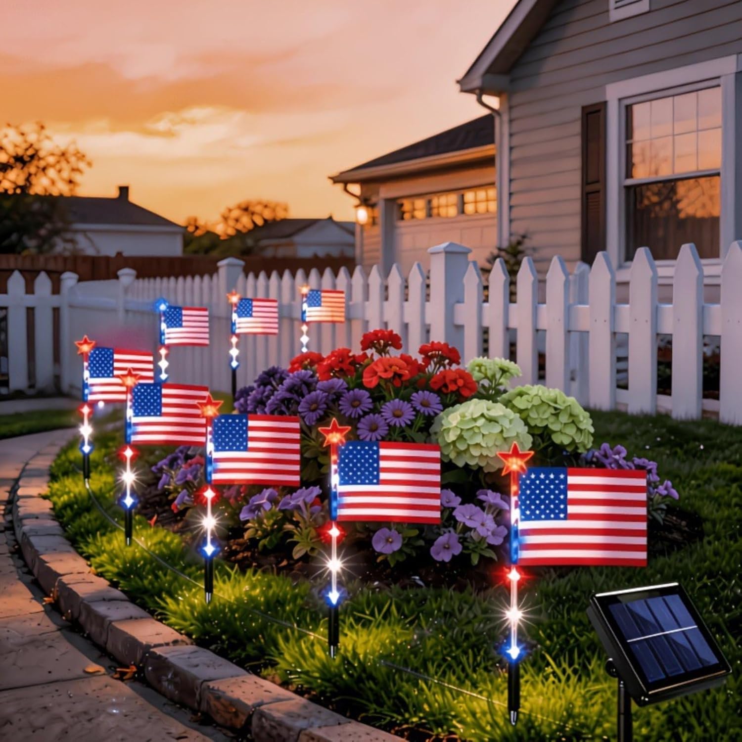 US 8 Piece American Flag Solar Lights – 4th of July Decorations Outdoor, Red White & Blue Pathway Lights with Timer, IP65 Waterproof for Yard, Garden, Patio, Walkway & Any Event