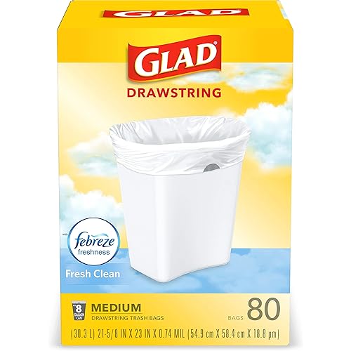 Glad Trash & Food Storage Medium Kitchen Drawstring Trash Bags 8 Gallon White Trash Bag, Fresh Clean Scent, 80 Count (Package May Vary)