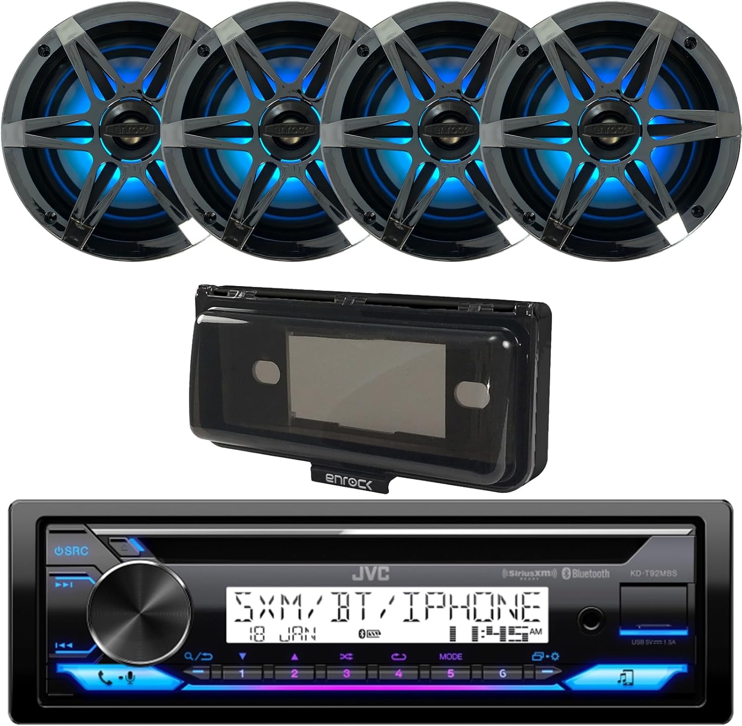 JVC Single DIN Marine Bluetooth AM/FM CD Stereo Receiver, 4x 6.5" 120 Watt Multicolor LED Boat Speakers w/ Chrome Grilles, Weathershield Radio Cover