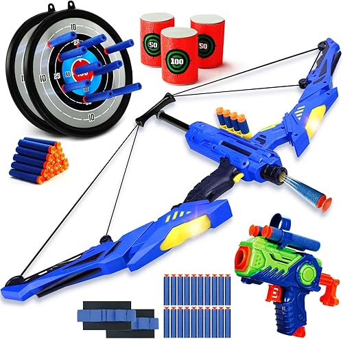 TOY Life Juguetes de arco y flecha para niños con luces LED, 2 objetivos y pistola de juguete de dardos de espuma, juego de disparos, juegos de