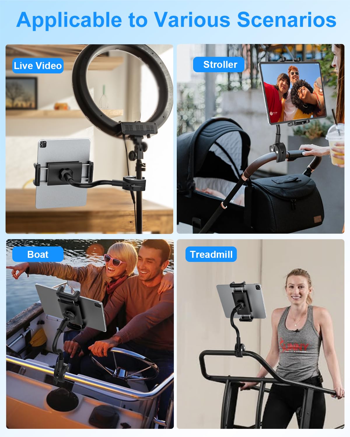 Supporto Tablet Cyclette Bici per 4-13" Tablet Cellulare, Porta Tablet Tapis Roulant, Supporto Tablet a Collo di Cigno Robusto e Flessibile, Collo Oca Porta Tablet Spinning Bicicletta