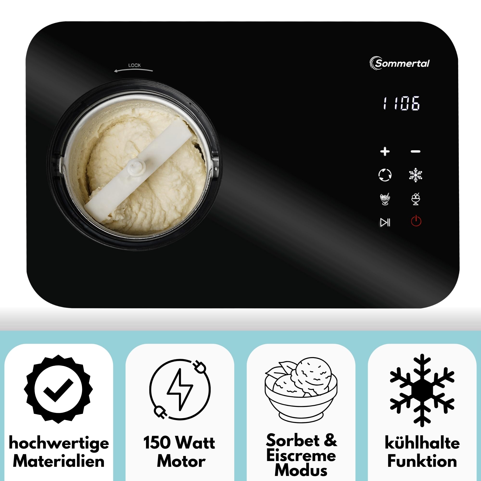 Sommertal ICE1500, Eismaschine mit Kompressor bis -36 °C, 1,5 L Edelstahl, Touchdisplay, 150 W stromsparend, für Sorbet, Milch-Eis und Frozenjoghurt, inkl. Portionierer, BPA-frei