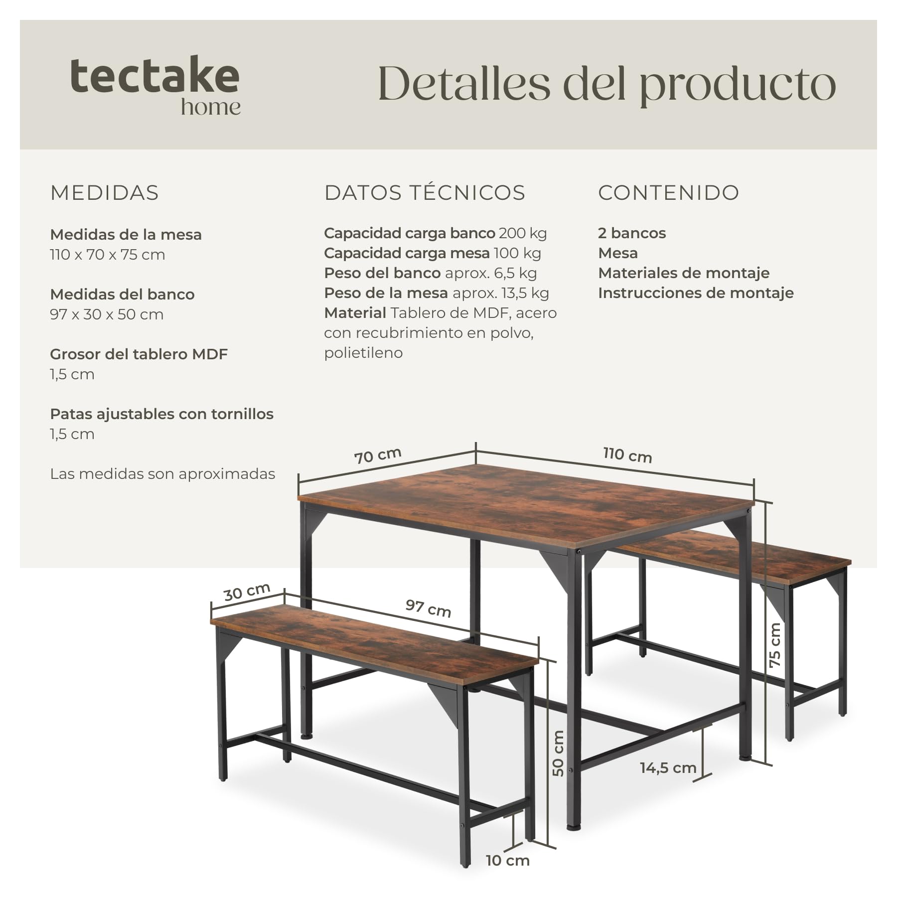 tectake® Conjunto de Mesa y Bancos, Estilo Industrial Minimalista, Mesa de Comedor con Banco, Muebles para Salón y Cocina, Marco de Acero y Madera con Revestimiento en Polvo, Fácil Montaje - Oscuro