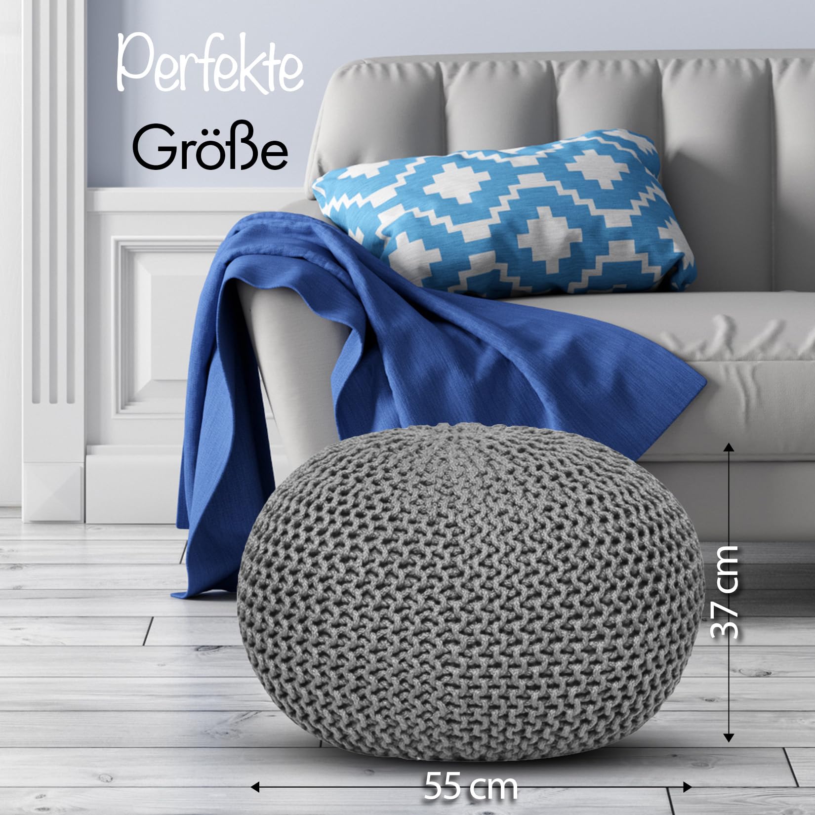 Pouf de haute qualité, imperméable, Ø 55 cm ou 45 cm, pouf pour intérieur et extérieur, effet tricot épais, pour jardin, terrasse, piscine, 100% plastique recyclé (gris argent, Ø 55 cm)