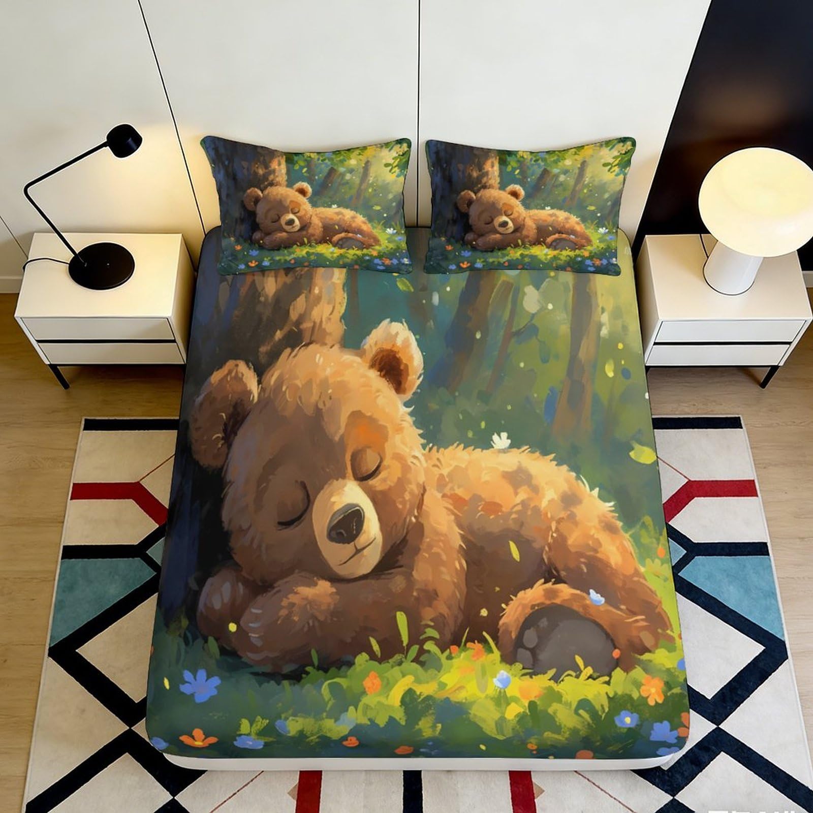 3D Printed Sleeping Bear Fitted Sheet Microfiber Soft Breathable Forest Bed Cover for Bedroom Guest Room Decor 90x200x25cm
