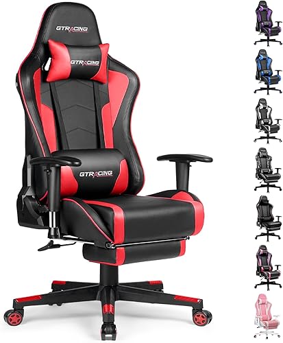Miniatura 46 de Silla para videojuegos GTRACING con reposapiés y altavoces Bluetooth, silla de escritorio de oficina robusta, GT890MF en color rojo Rojo