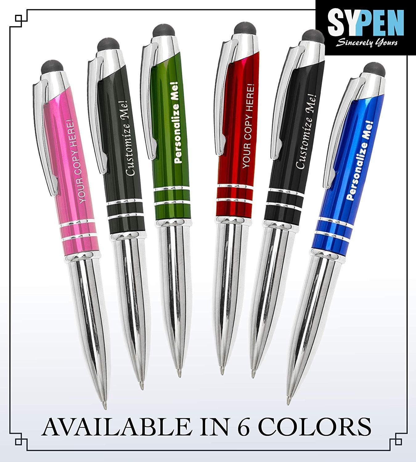 Personalized Pens with Your Custom Text or Logo- Bulk 50 Pack- for Marketing, Parties, and Events, 3 in 1 LED Flashlight + Ballpoint Pen + Stylus for Touchscreen Devices, Black