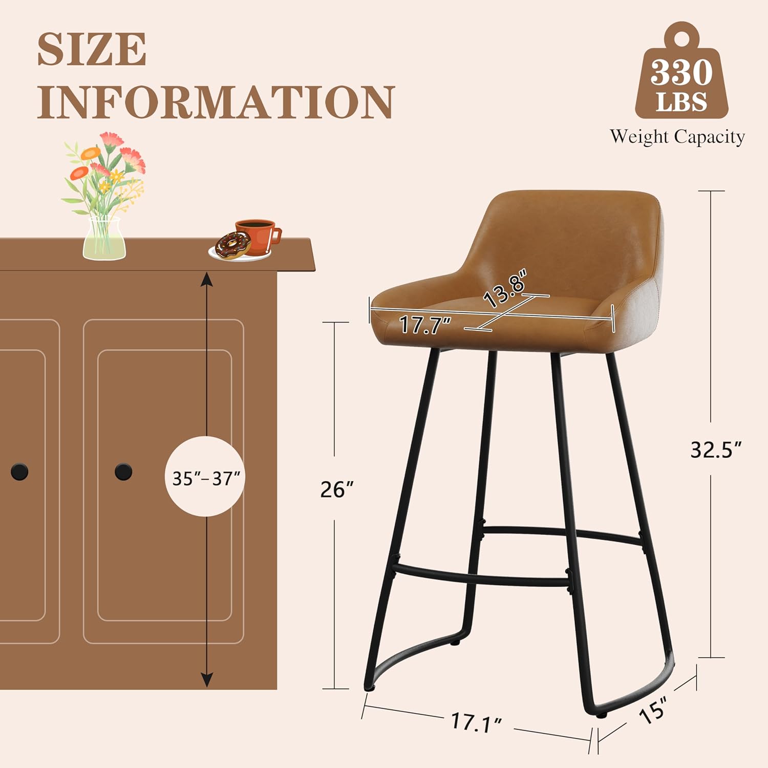 Alunaune 26inch Barstools Set of 2, Mid Century Faux Leather Counter Height Bar Stools, Modern Dining Room Bar Chairs for Kitchen Island with Back Metal Legs-Brown