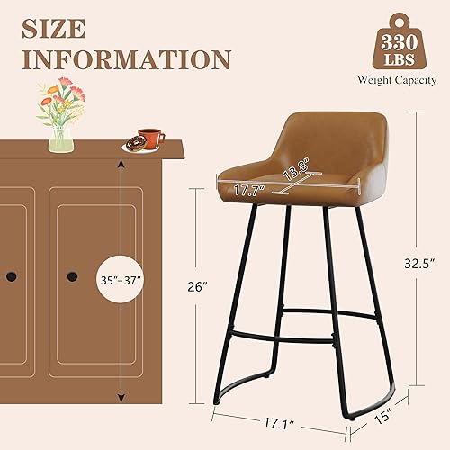 Miniatura 2 de Alunaune Juego de 2 taburetes de bar de 26 pulgadas, de piel sintética de mediados de siglo, sillas de bar modernas para comedor con patas traseras
