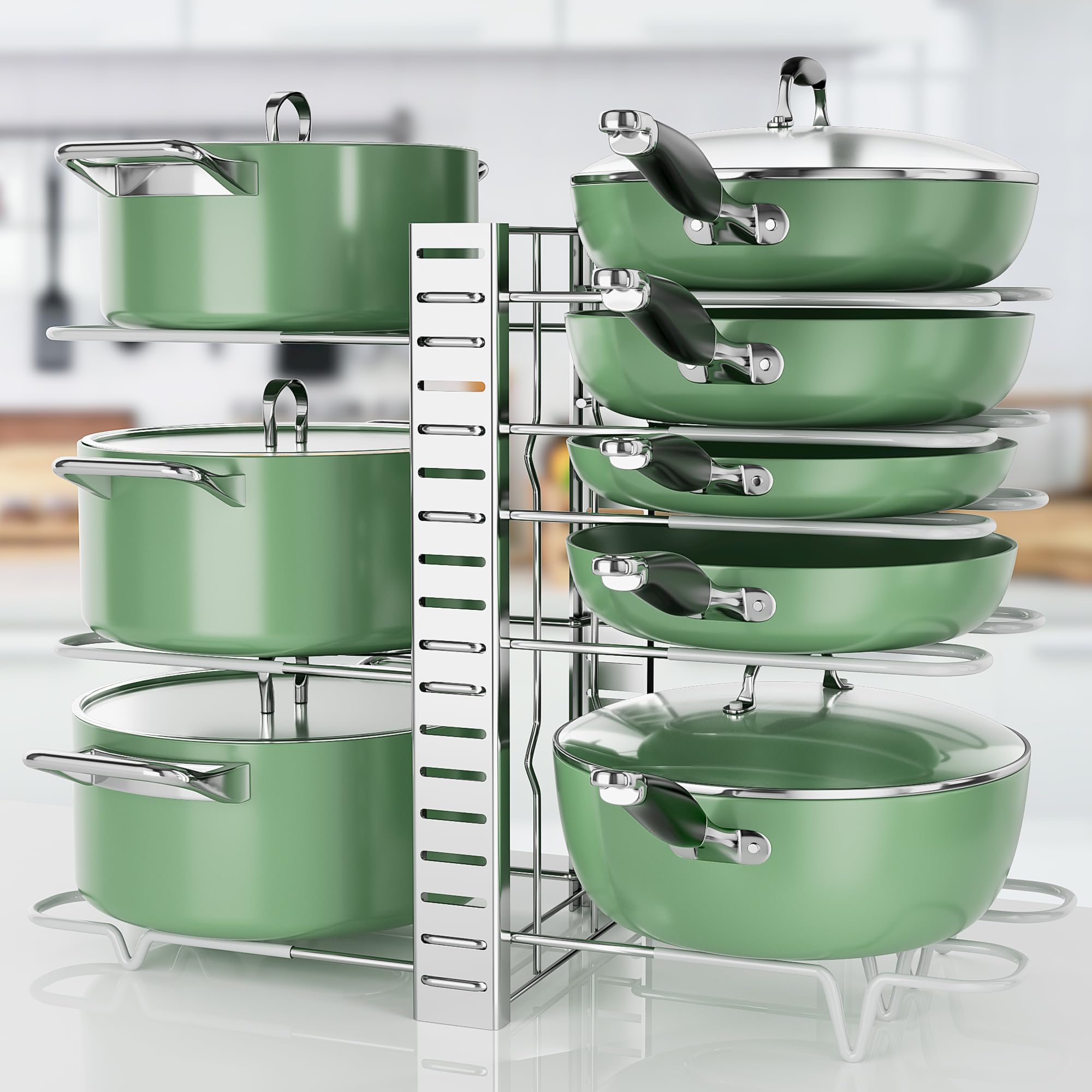 ORDORA 8-Tier Pots and Pans Organizer under Cabinet-Adjustable Kitchen Organizers and Storage with3 DIY Methods, Pan Lid Holder-Silver