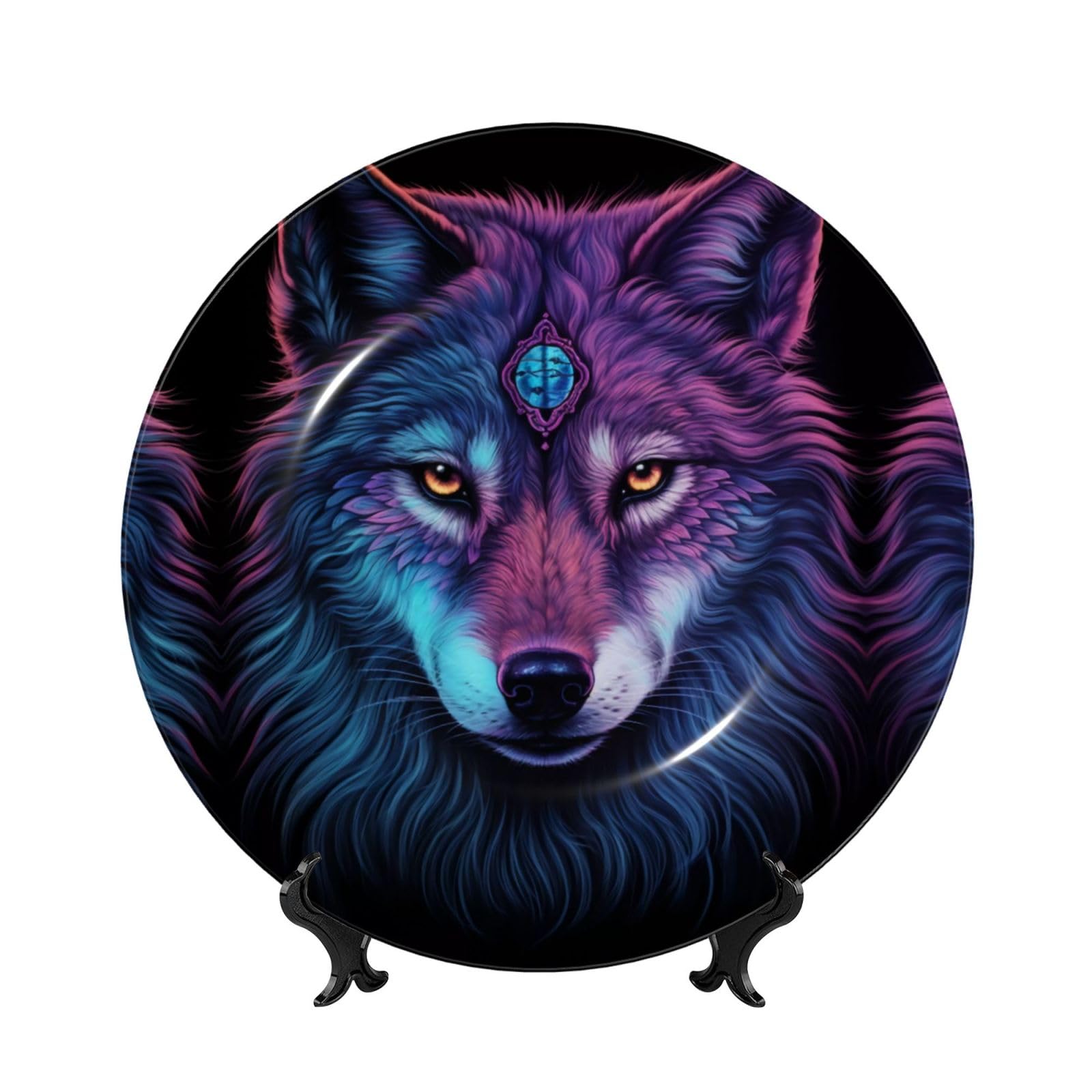 SXZVVBN Neon wolf with purple head Bone China Decorative Plate Art with Stand Removable Adhesive Hanging for Home Office 8in（20cm）