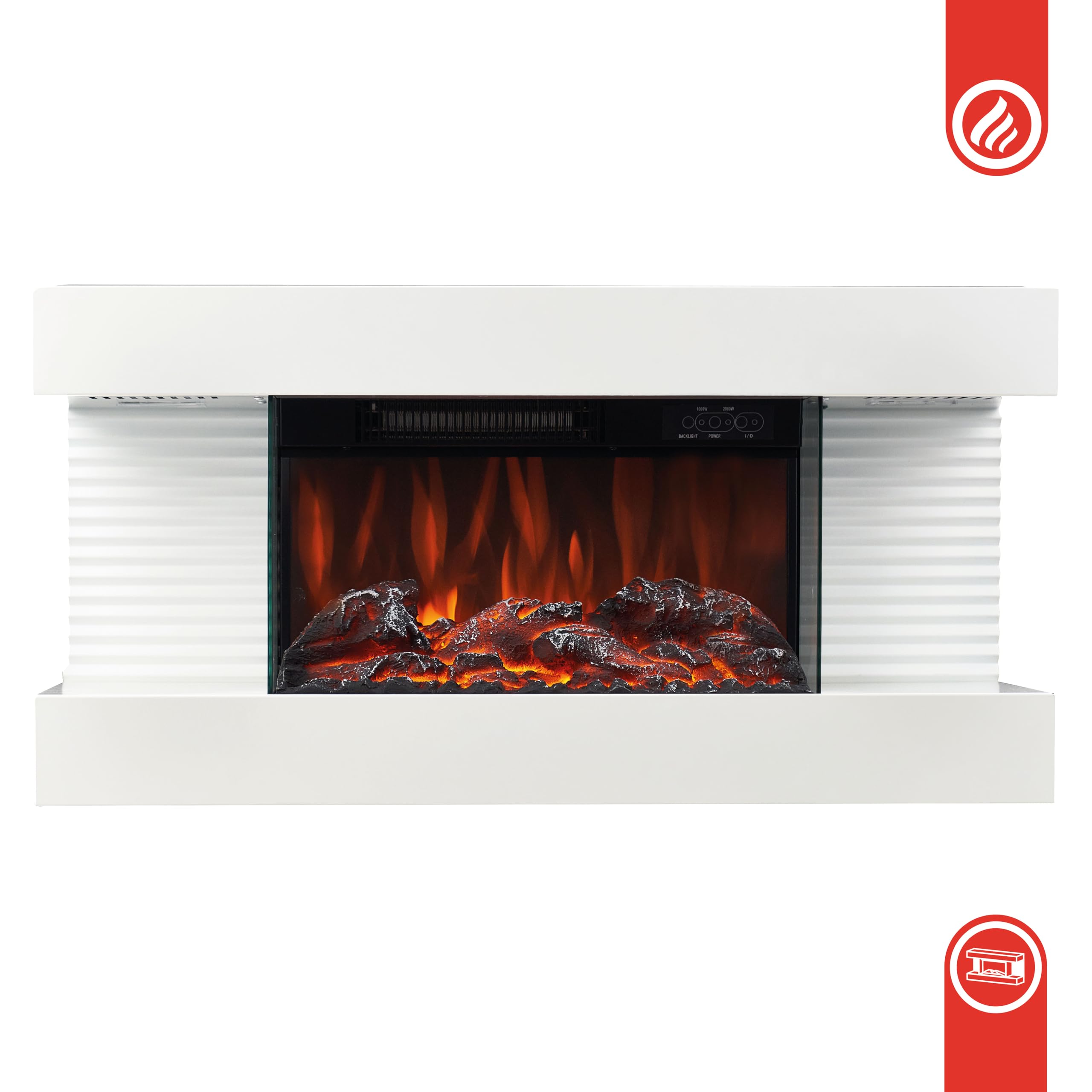 KAMINIO Eléctrica Chimenea Liz - Chimenea eléctrica de Pared con calefacción, Efecto de Llama 3D, Luz Ambiental LED, Control Remoto (Blanco)