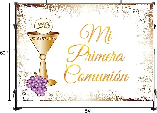 Miniatura 10 de Fondo de fiesta de comunión con texto en inglés Mi Primera Comunión Fondo de uvas moradas God Bles (6 x 4 pies)