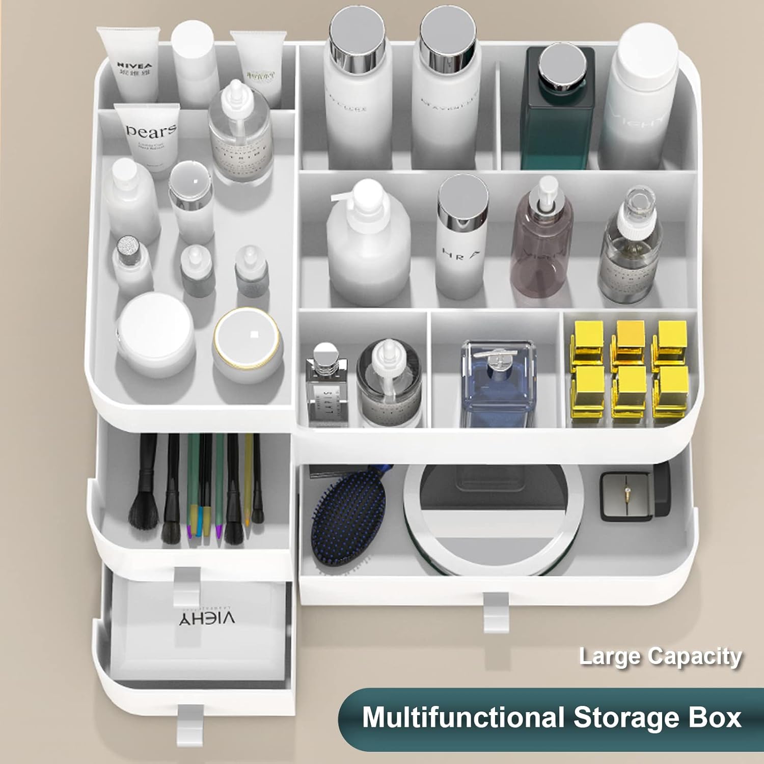 Makeup Organizer for Vanity, Large Countertop Organizer with Drawers, Cosmetics Storage for Cosmetics, Lipsticks, Jewelry, Nail Care, Skincare, Ideal for Bedroom and Bathroom Countertops (White)