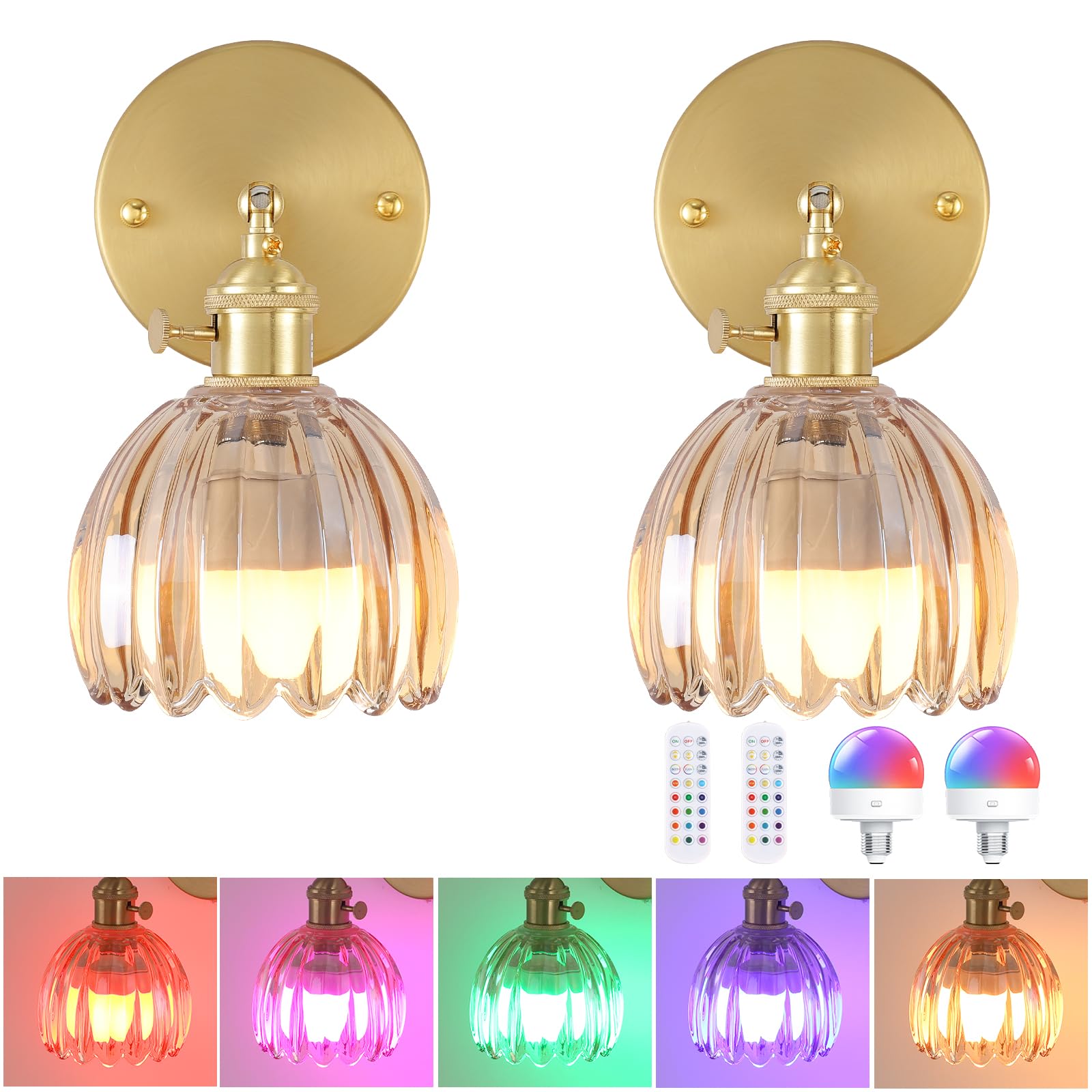 Set of 2 Battery Operated Wall Sconce, Rechargeable Wall Lamp with Remote Control & 12 RGB Colors - 3 Adjustable Color Temperatures, Dimmable Wireless Wall Lights for Bedroom Bathroom (Amber Tulip)