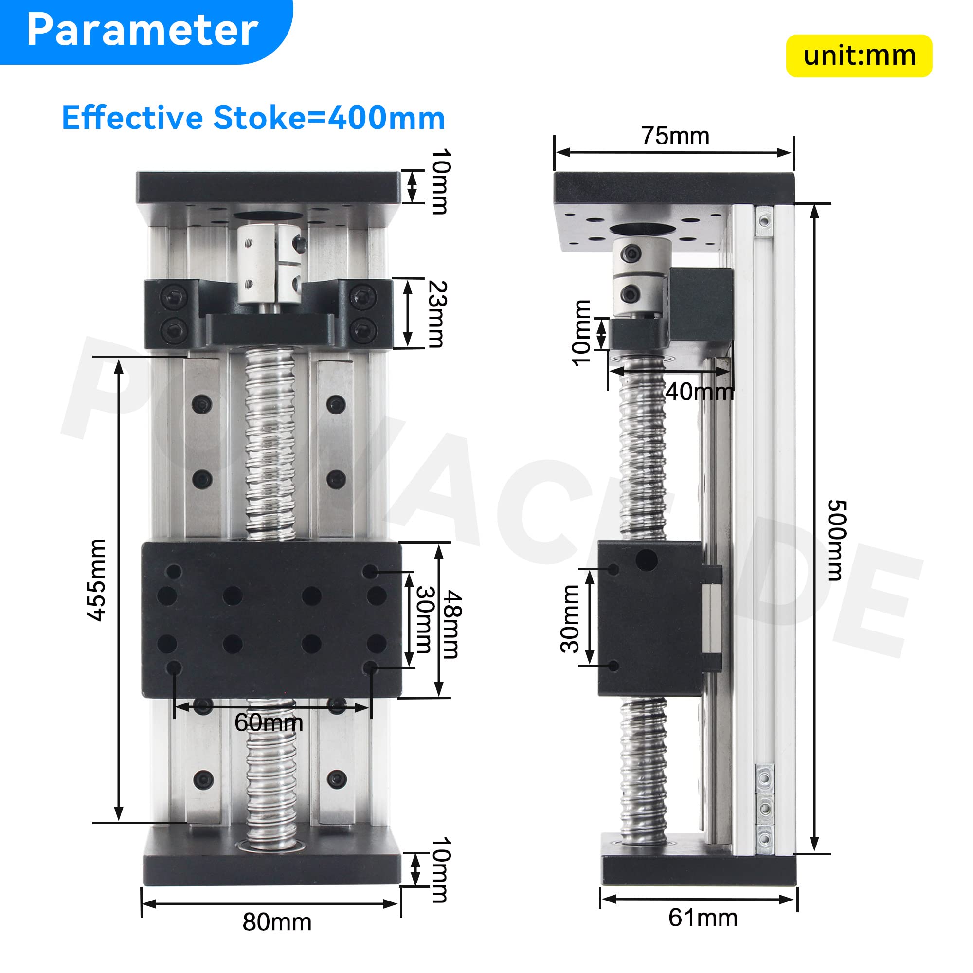 RATTMMOTOR HBX-1605 Luge linéaire CNC 400 mm, double guidage linéaire, guide de rail linéaire CNC, vis à billes SFU1605 avec moteur pas à pas Nema23 pour fraise CNC DIY (stoke efficace 400 mm)