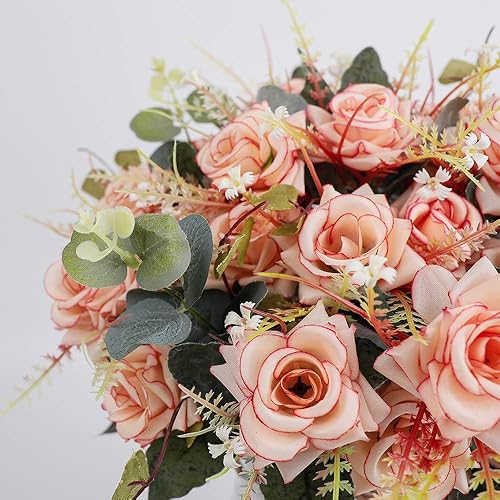 Miniatura 10 de LESING Ramos de rosas artificiales con jarrón de seda sintética en jarrón, arreglo de centro de mesa para decoración del hogar y boda (rojo)