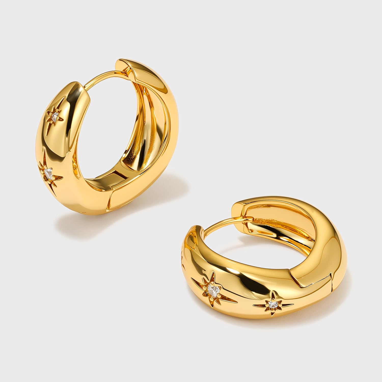 Chunky Gold Hoop Earrings for Women, 18K Gold Plated CZ Star Hoops Huggie Earrings Sterling Silver Post Statement Earrings Jewelry Thick Lightweight Trendy Hoop Earrings for Women Gifts - Image 6