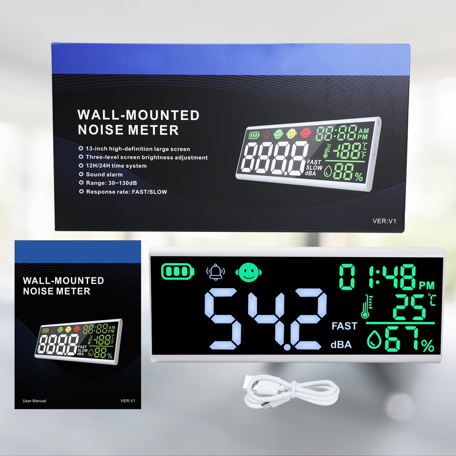 Decibel Meter 13 inches 30~130dB Sound Level Meter, Large LCD Display Wall Hanging Sound Gauge, Noise Level Detector, Decibel Monitoring Device, Time, Temperature, Humidity for Studio Classroom Home — Amazon image 8