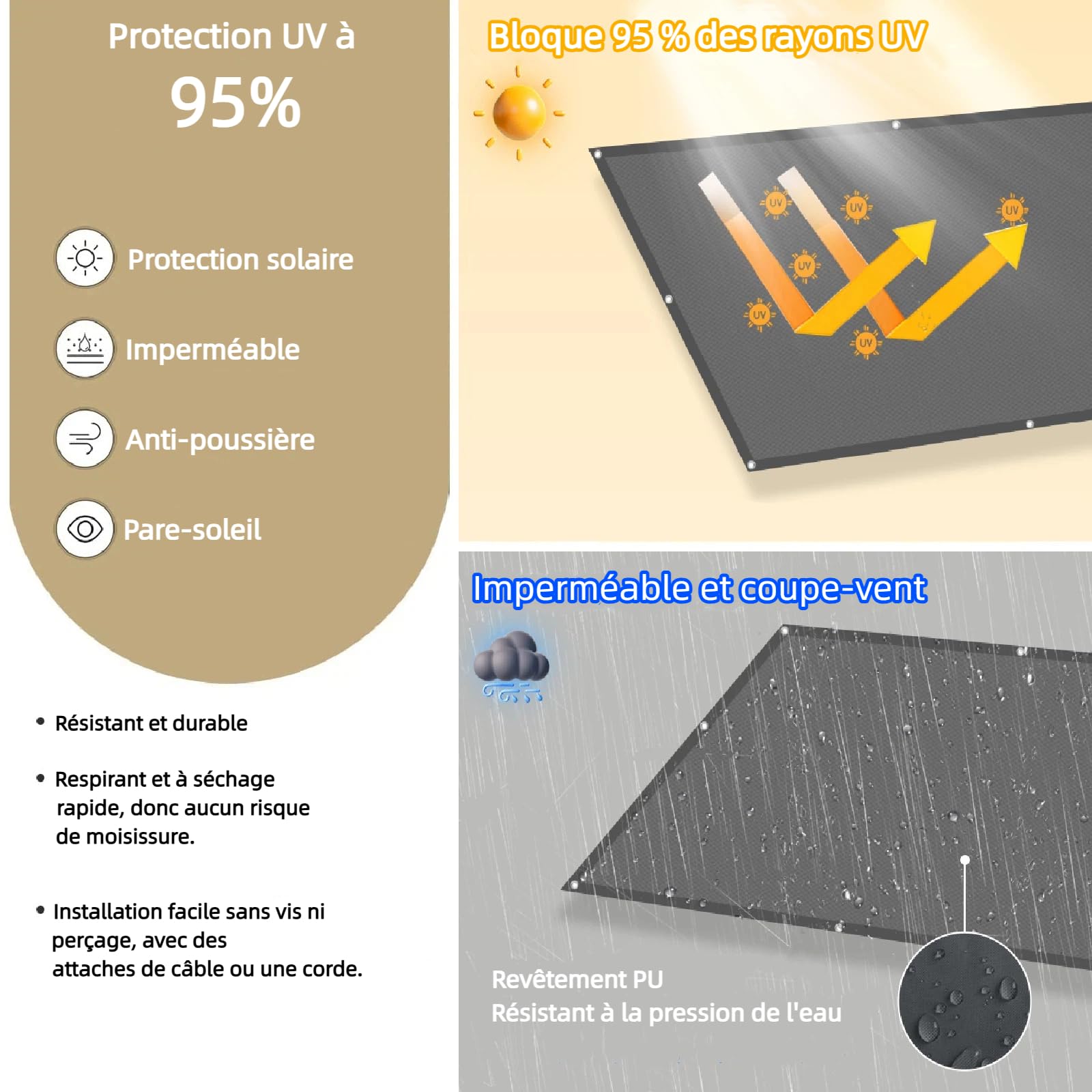 Voile d’ombrage Rectangulaire 2.8x3m Toile D'ombrage Imperméable Bâche Ombrage Polyester 95% Protection UV Solaire pour Jardin Balcon Terrasse Pergola avec Oeillets et Cordons, Gris Foncé