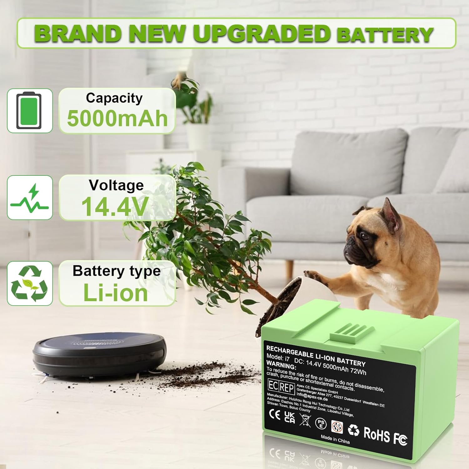 14.4V 5000mAh Replacement for iRobot Roomba i7 Battery Compatible with Roomba i Series i8 i8+ i7 i7+ i6 i4 i4+ i3 i3+ i7158 J7 7150 7550 J7+ J6+ J6 Plus J5 J5+ and e Series e5 e6 e5150 e5152 e6198