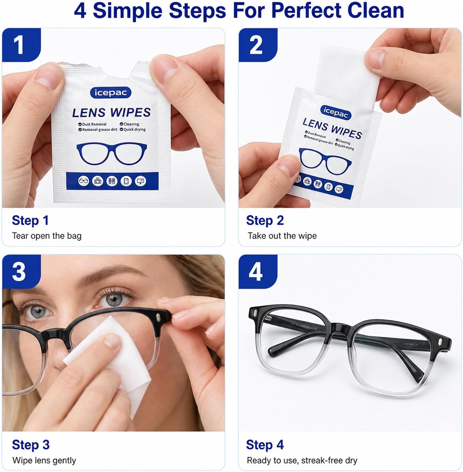 Lens Cleaning Wipes 220-Count, Individually Wrapped Streak-Free Screen Cleaner, Safe for Anti-Glare & Blue Light Coatings for Glasses, Phones & Camera Lenses