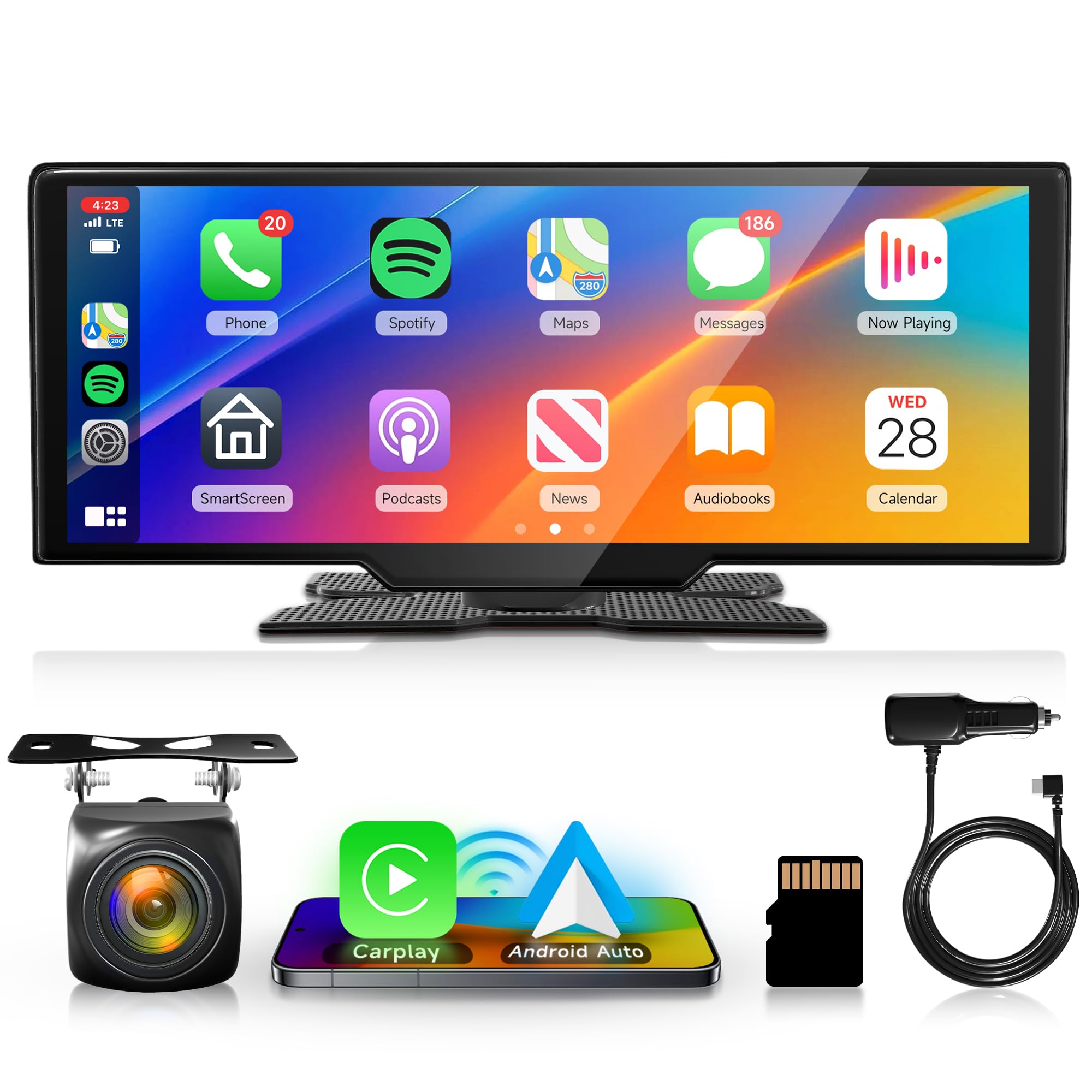 Rimoody - Estéreo portátil para coche con Android Auto inalámbrico, pantalla táctil de 10.3 pulgadas, con transmisión Siri, Bluetooth, cámara de respaldo trasera, control de voz, tarjeta TF 9V-36V