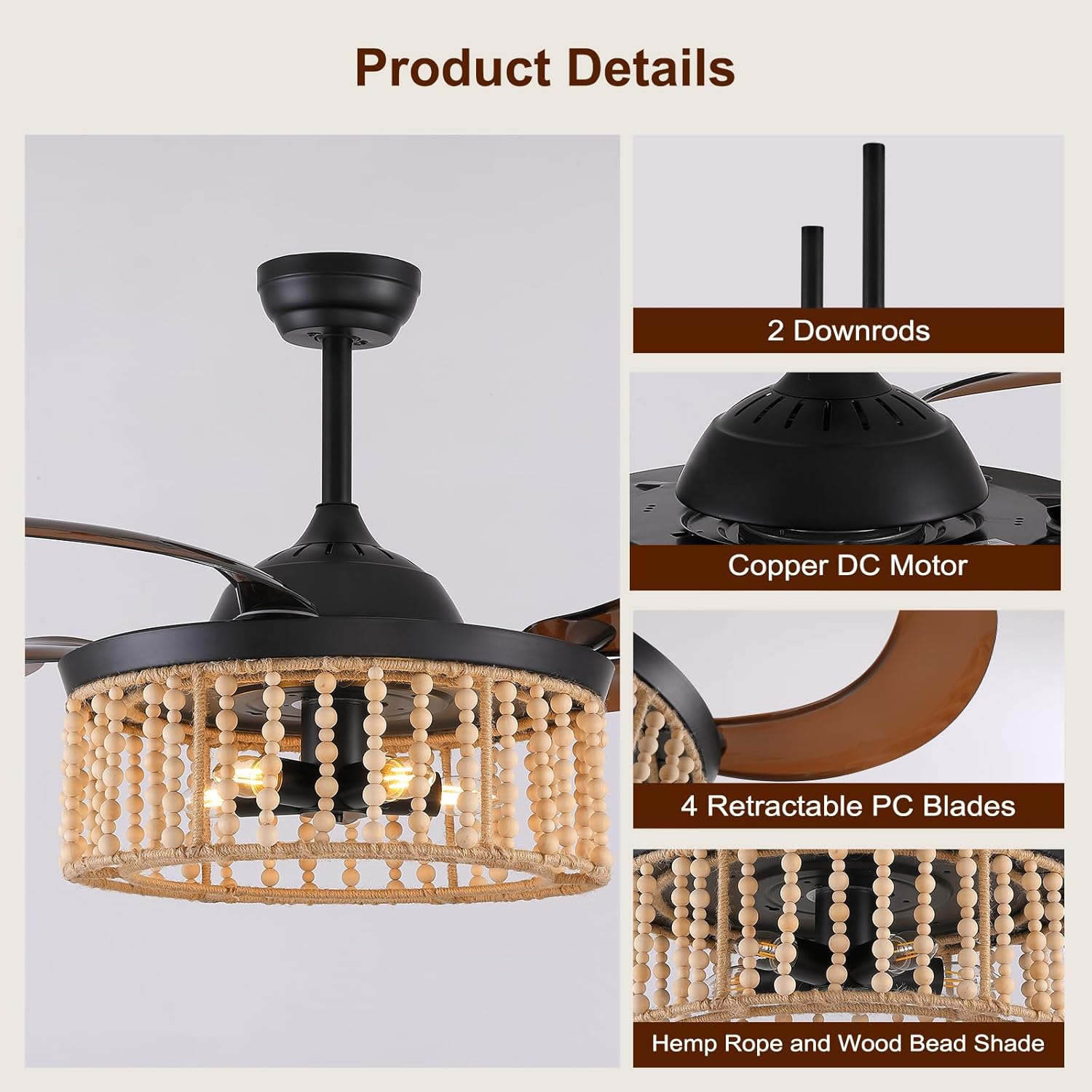 Boho Retractable Ceiling Fan with Lights 42 Inch Wood Beaded Chandelier with Fan Farmhouse Black Rattan Fandelier with Brown Retractable Blade for Bedroom Kids Room Girls Room Kitchen