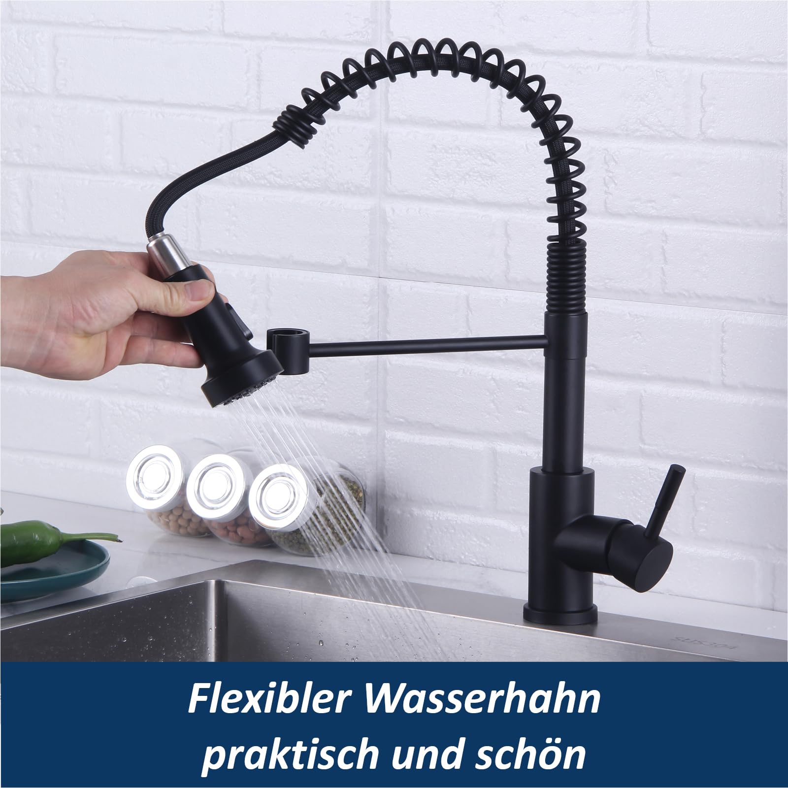 Wasserhahn Küche Schwarz, Hochdruck Küchenarmatur mit Brause Ausziehbar, Hoher Bogen Mischbatterie Küche 360°Drehbar 2 Sprühfunktionen, Spiralfeder Spültischarmatur Edelstahl, Mattschwarz