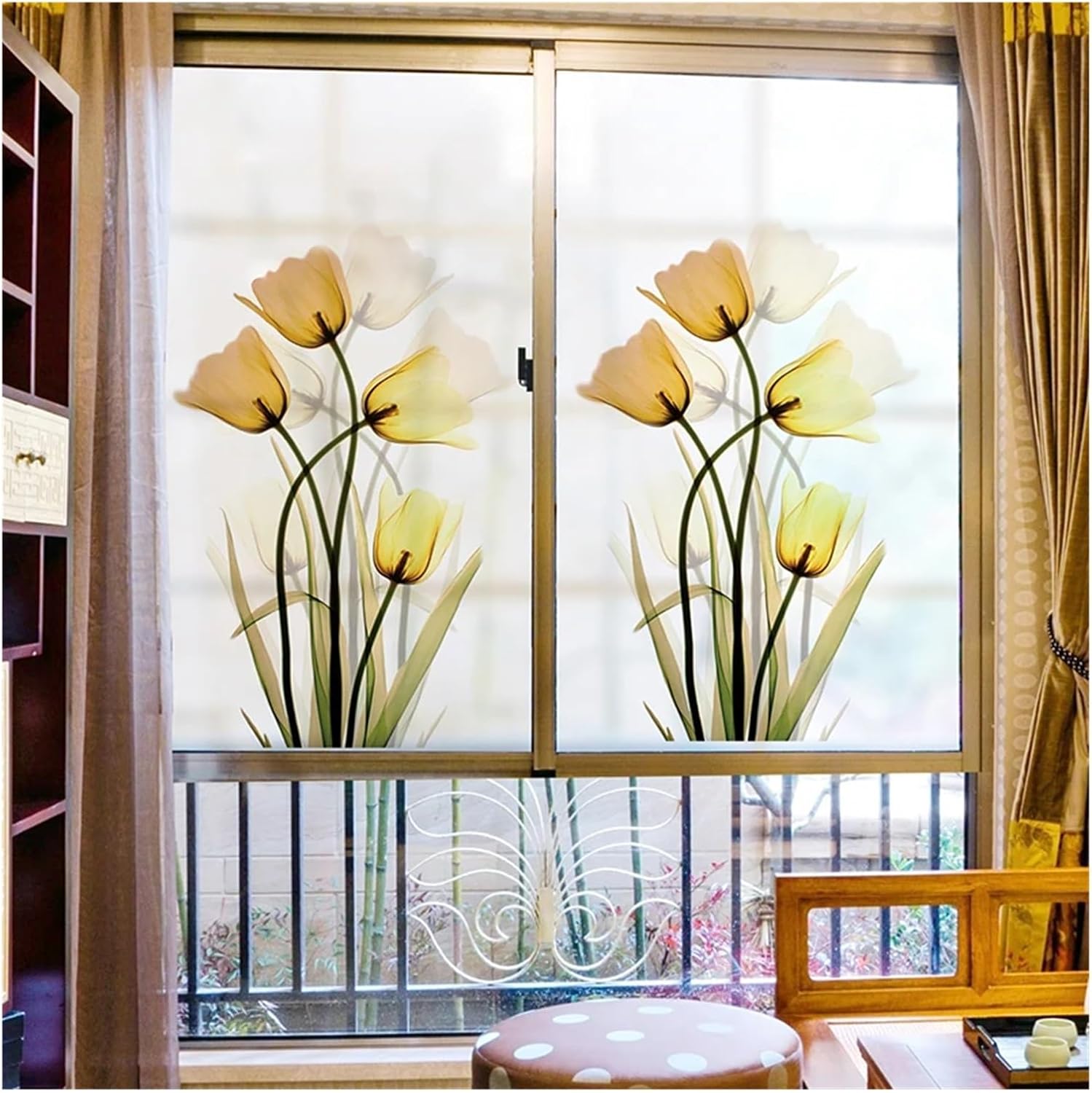 Static Cling Privacy Window Film Dandelion Green Leaf Tulip Flower Style Home Glass Door Decor for Room(Color1,80x200cm)