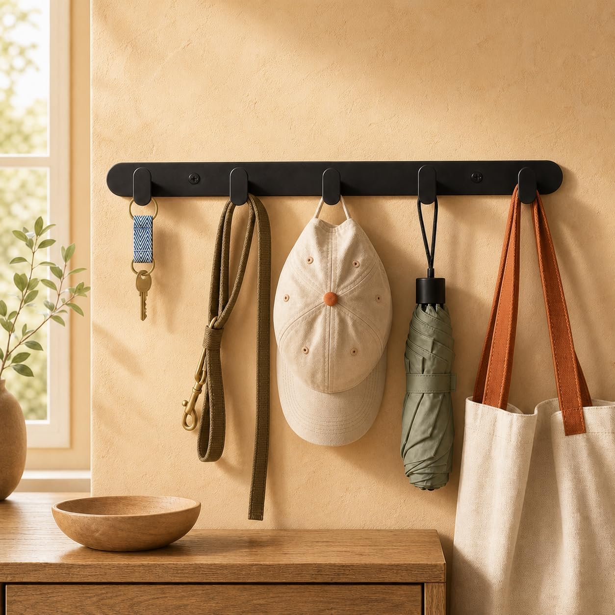 ROSHAN Coat Rack Wall Mount, 5 Hooks Metal Hanger Black, Entryway Bathroom | Coats Towels, Keys, Bags, Purses, Hats, Matte Finish, Space Saving, Matte Black, Bedroom, Bathroom, Closet RV, Wall Mounted