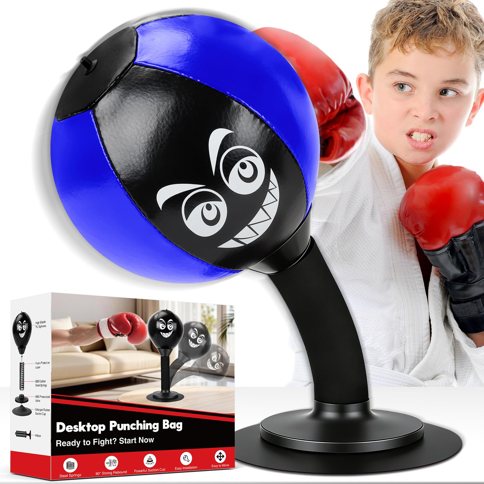 Desktop Punching Bag - Stress Relief, Suction Cup Design for Office Table and Counters, Heavy Duty Stress Relief Ball, Fun Gifts Suitable for All Ages (Black Blue)