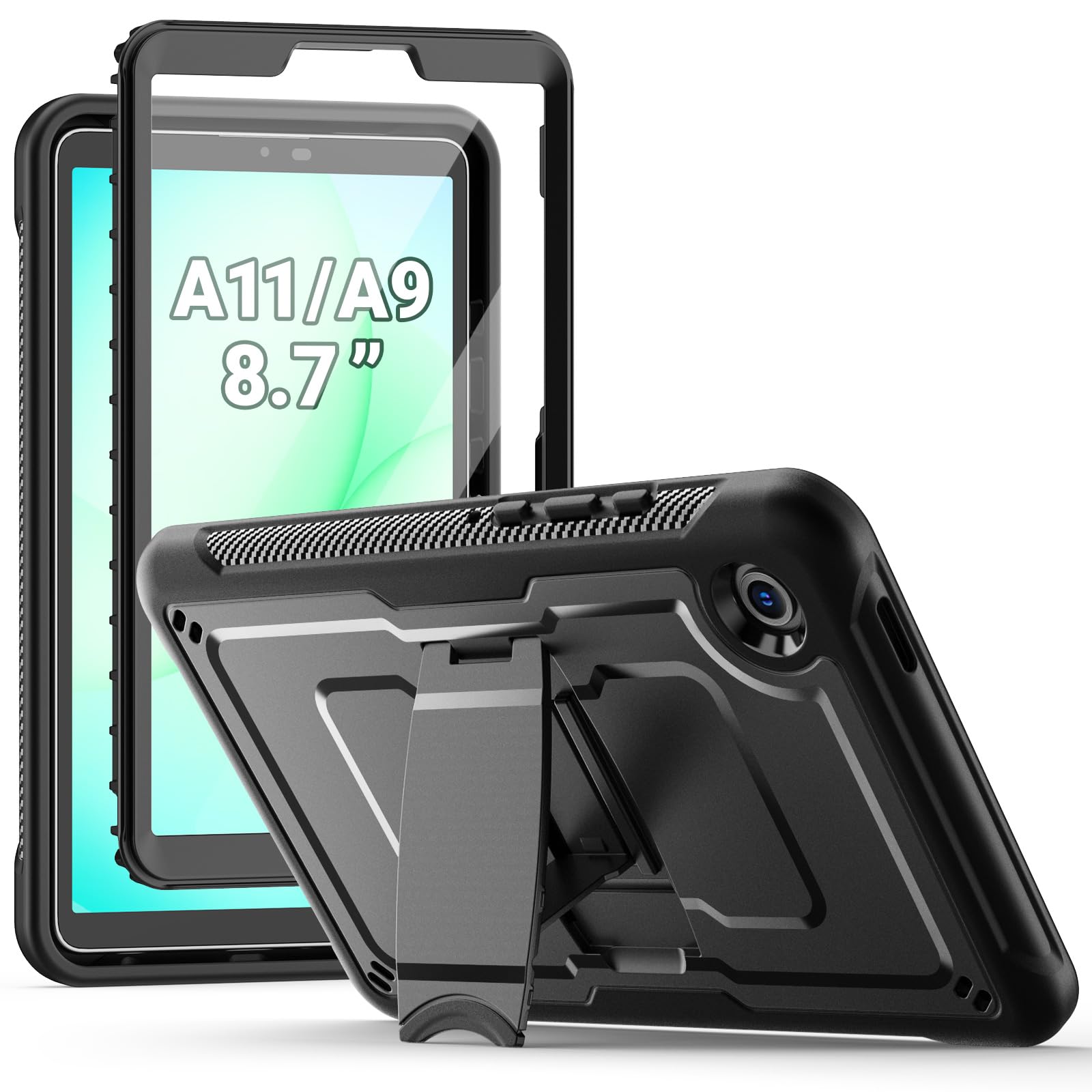 SEYMAC Hülle für Samsung Galaxy Tab A11 (2025) /A9 2023 8,7 Zoll, Vollschutzhülle mit integriertem Ständer und Displayschutzfolie, Stoßfeste Hülle für Samsung A11/A9 Tablet, Schwarz