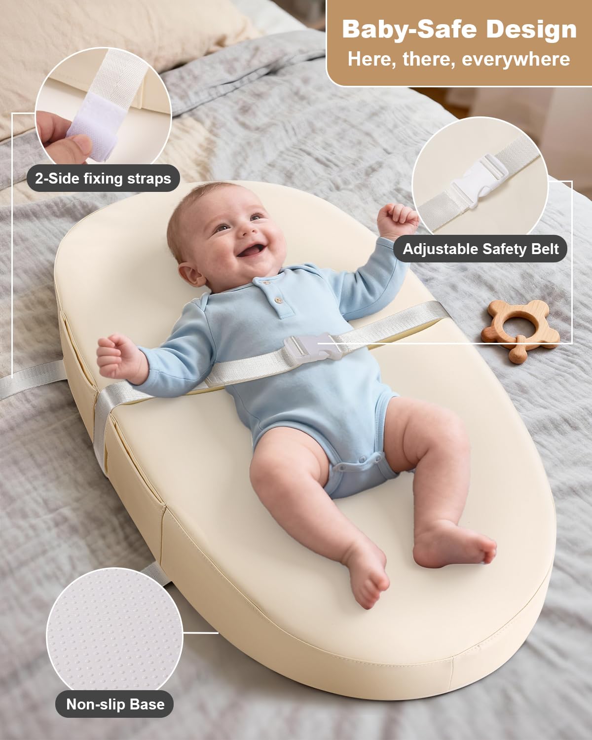 Vegan Leather Baby Changing Mat with Wipeable & Waterproof PU Cover (80 x 40 x 10cm) Baby Nappy Changing Mat for Dresser with Anti-Roll & Non-Slip Safety Belt & Storage - Image 3