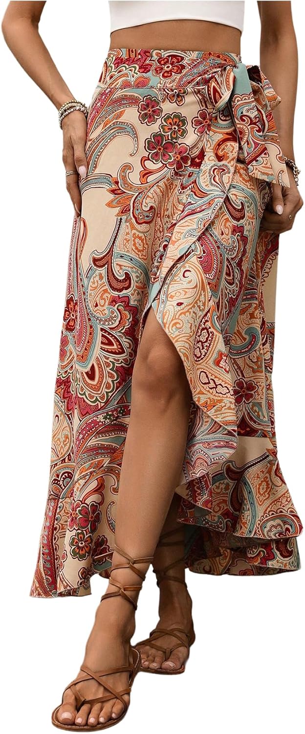 Verdusa Women's Asymmetrical Wrap Skirt Flowy Floral High Waist Split Side Maxi Vacation Skirt