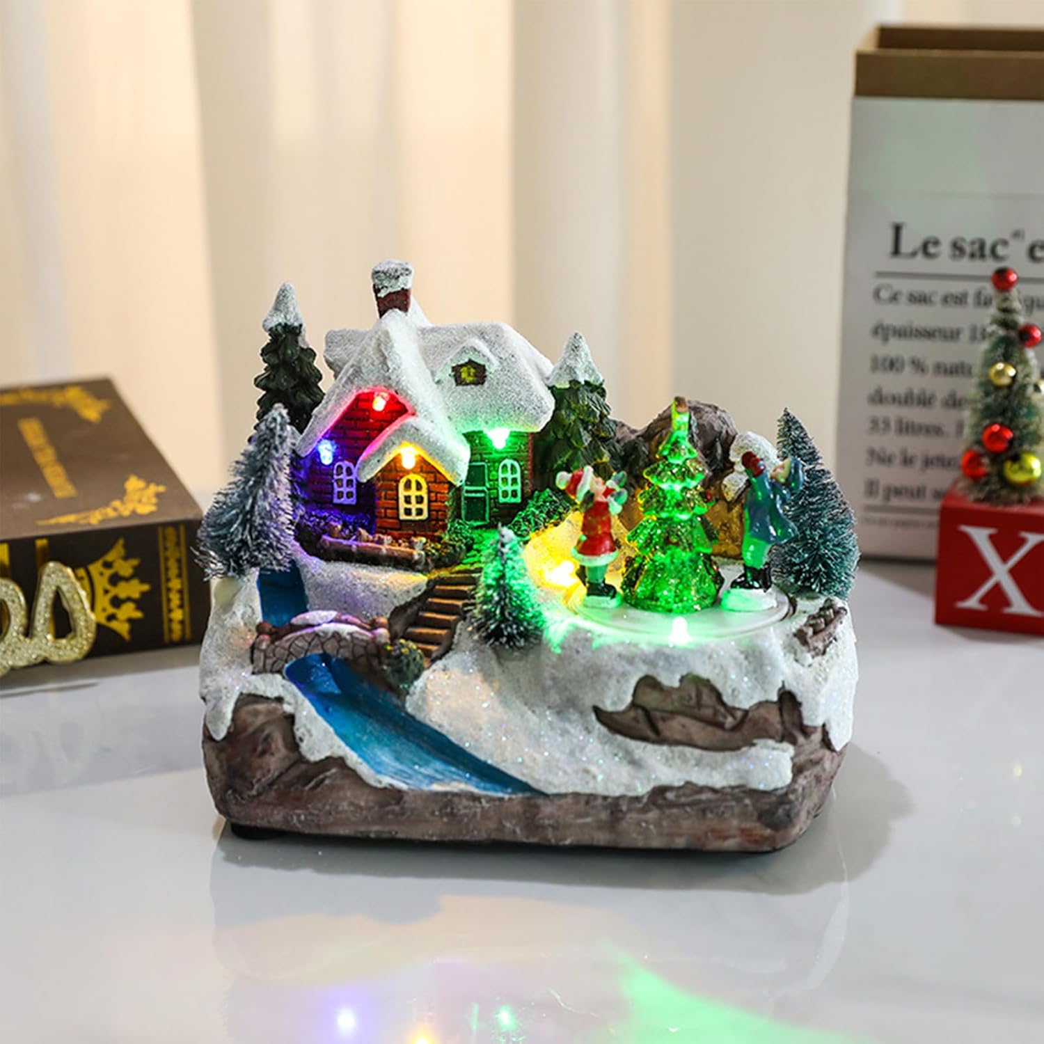 Christmas Winter Snow Town House Statue with Colorful Light, 5.3 Inch Xmas Village Yard Tabletop Ornaments, Mini Display Resins Craft Figurine for Holiday Indoor Decor (Christmas