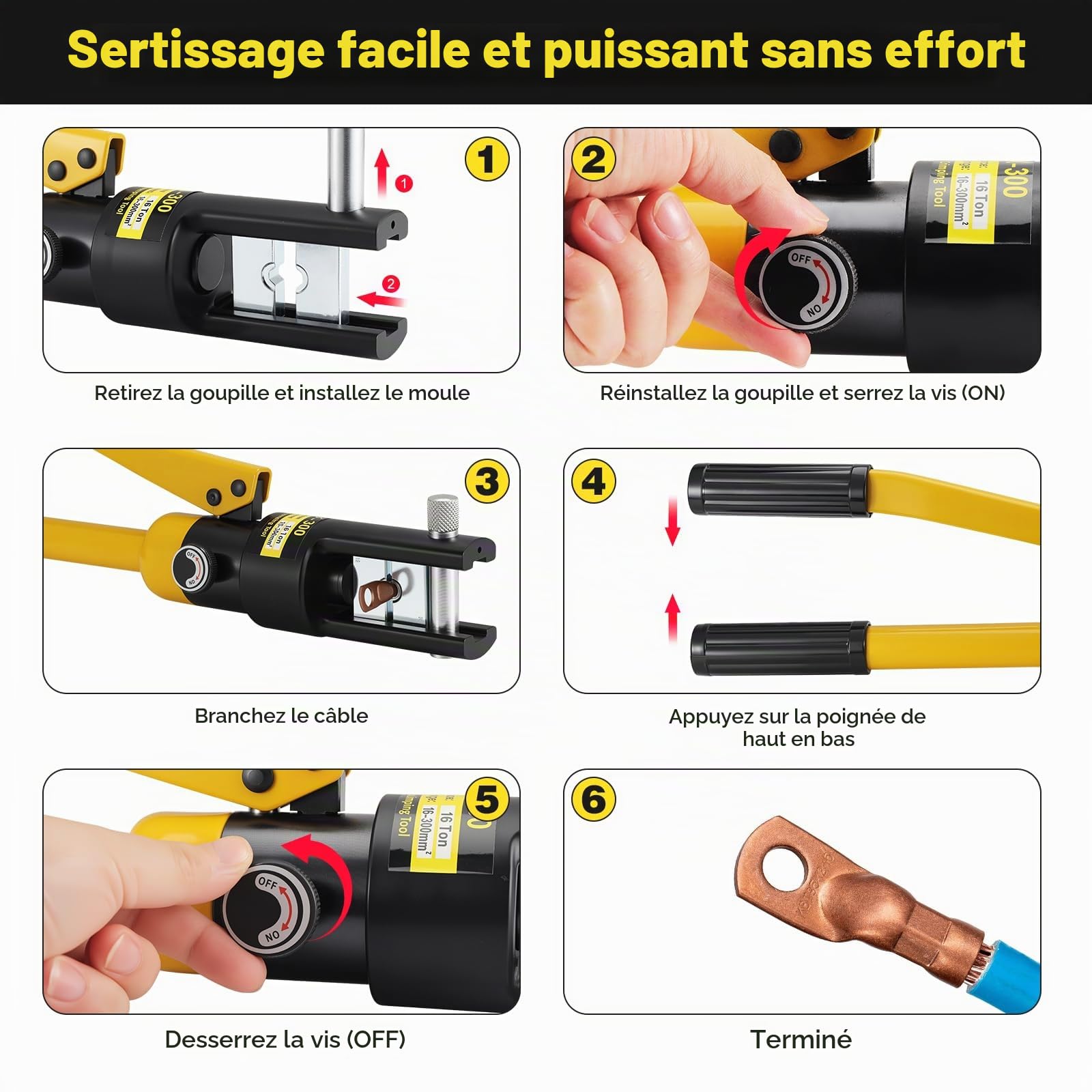 Pince à Sertir Hydraulique 8-300mm², 16T Sertisseuse Hydraulique | Outil de Sertissage Hydraulique avec 13 Matrices pour Cosses Cuivre et Aluminium