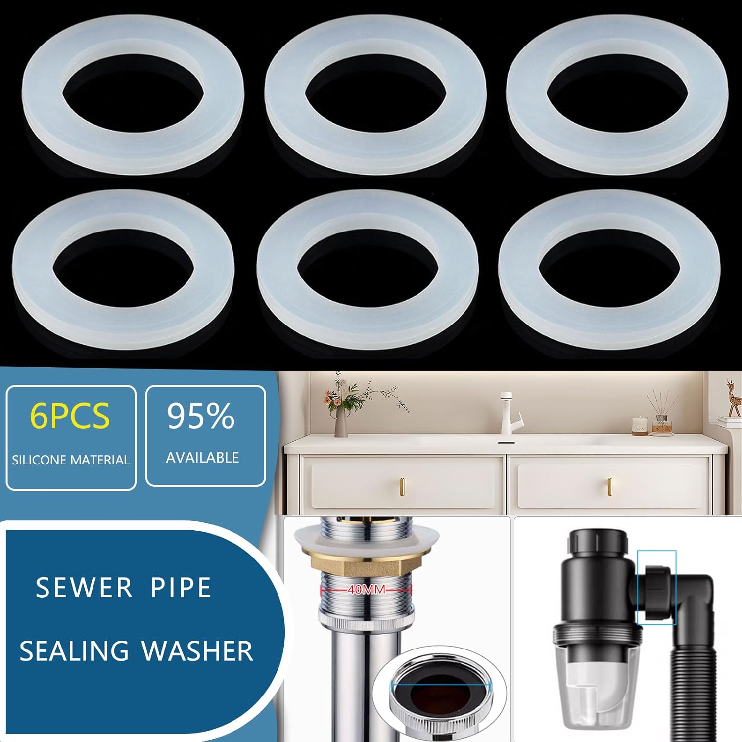 6PCS Bathroom Sink Filter Sealing Ring, Bathroom Drain Pipe Flat Silicone Gasket, Basin Waste Pipe 1.57-inch Drainage Pipe Odor Collector Siphon Pipe, 40mm Inclined Sliding Joint Gasket