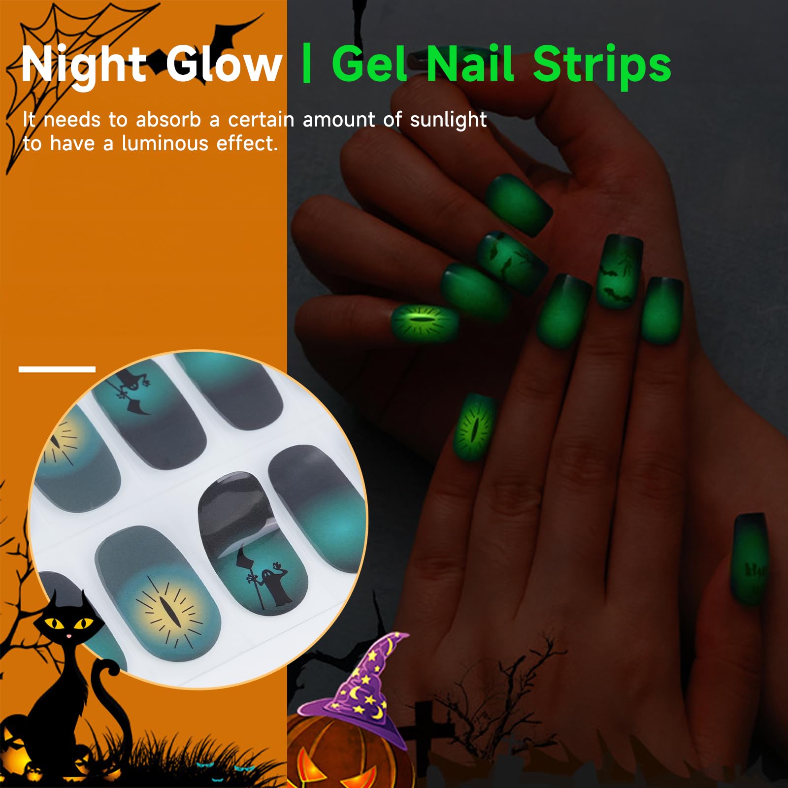 DUKASOU Halloween Gel Nail Stickers No UV Light Needed, 22Pcs Gel Nail Strips Set, Gel Nail Wraps for Women, Salon Quality Nail Polish Strips, Includes Prep Pads, Nail File & Wood Stick(Bat)
