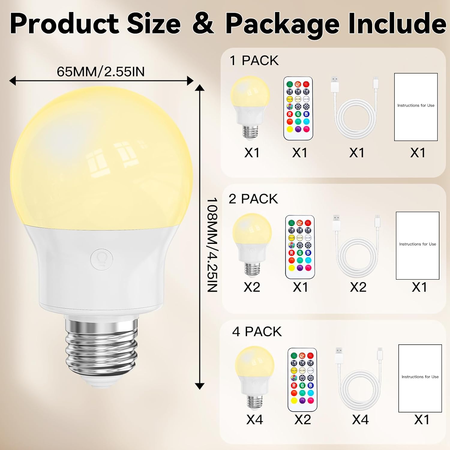 Rechargeable LED Light Bulbs with Remote, Dimmable Magnetic E26 Battery Operated Light Bulb, 12 RGB Colors, 480LM 40W Equivalent, 3 Timer, for Sconces, Lamps Without Power, Camping, Emergency 2 PACK