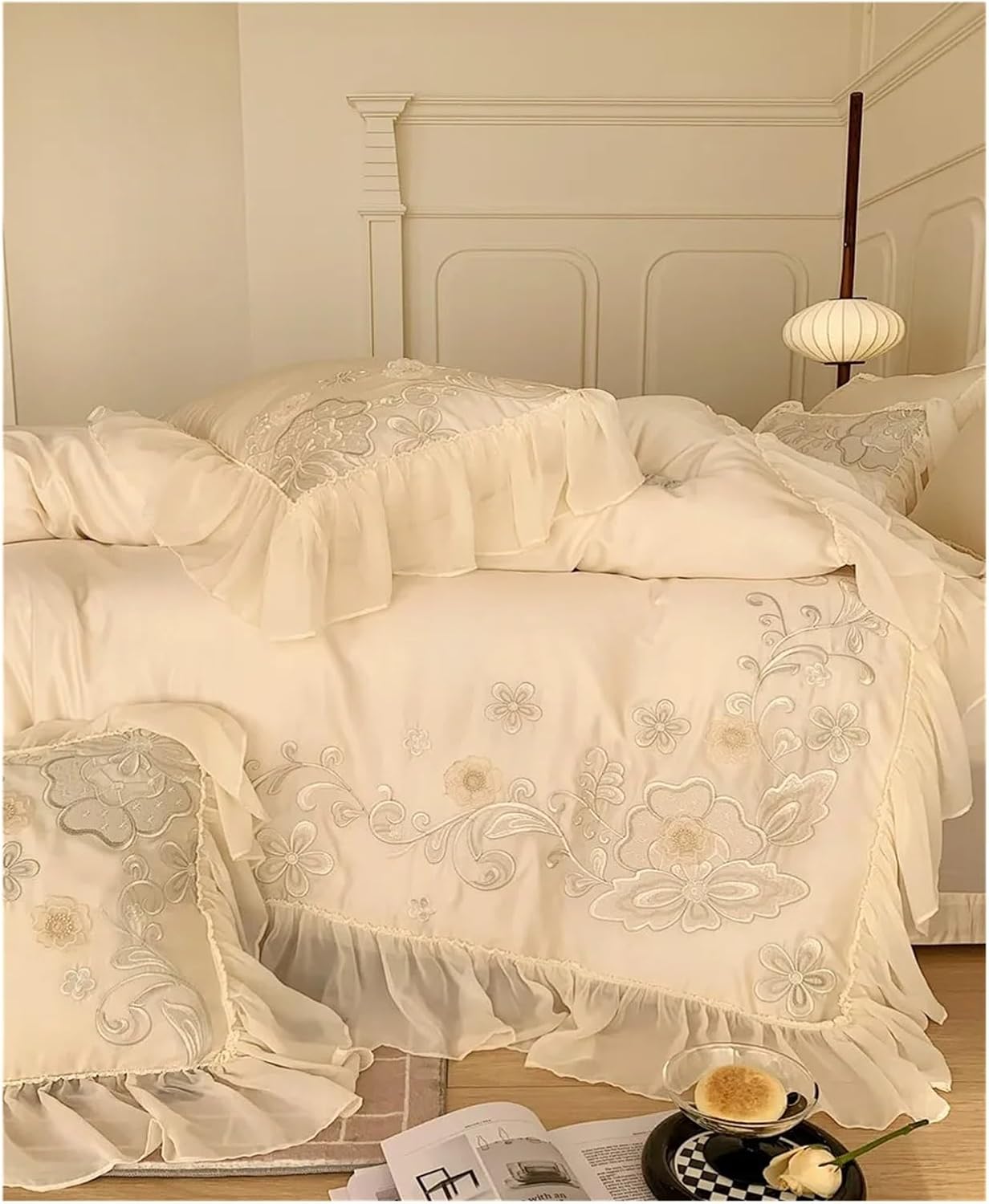 Bed Four Pieces Set Peach Beige Ruffle Duvet Cover Nature Eucalyptus Lyocell Girls Princess Chic Bedding Comforter Cover Soft Bed Sheet Pillow Shams(B,Fitted Bed Sheet-Queen 4PCS)