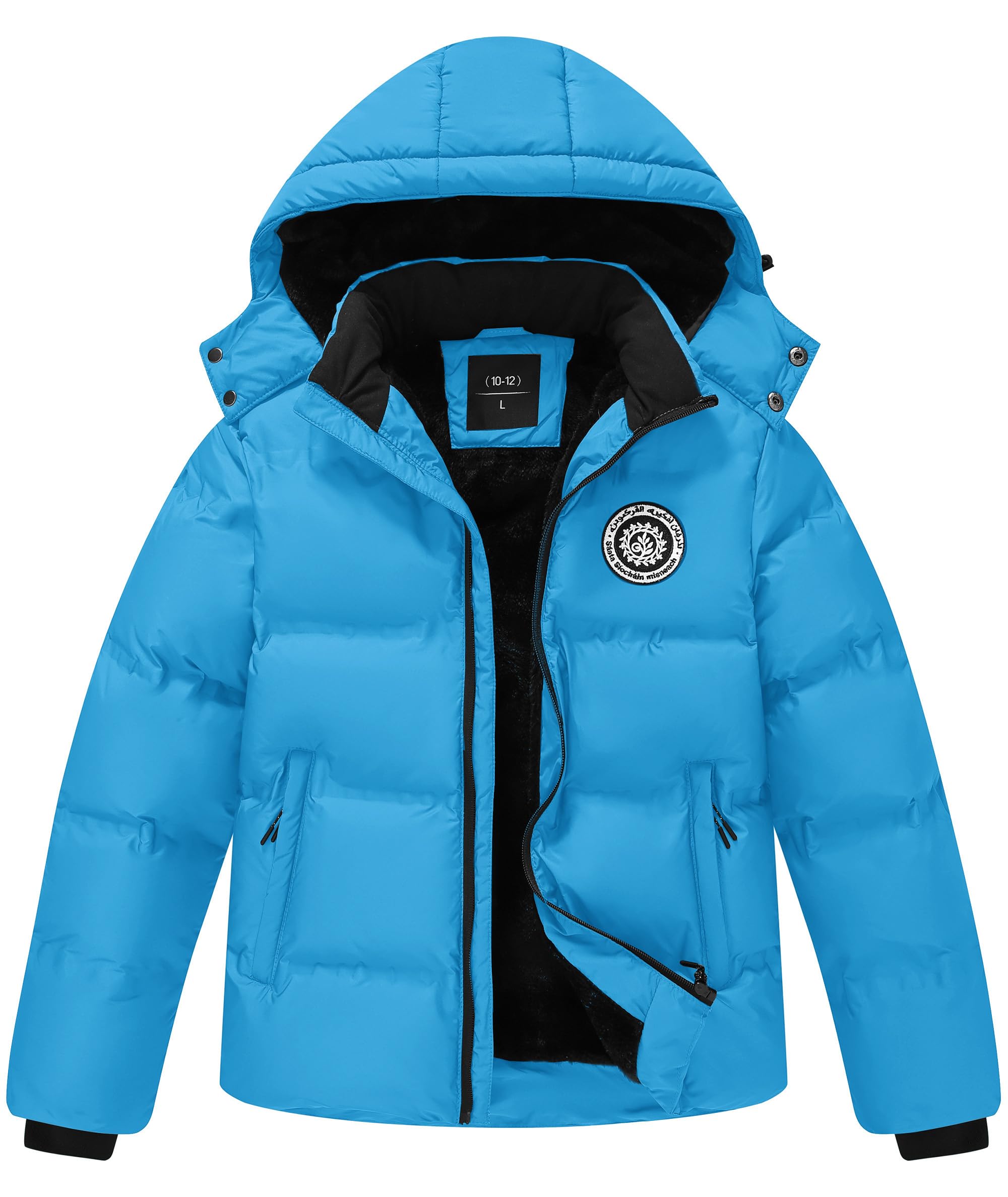 Kids Winter Coat Warm Fleece Thermal Padded Jackets with Detachable Hood Outdoor Puffy Jacket with Zip Pockets