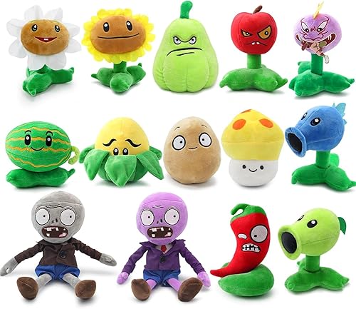 Maikerry Juego de 14 piezas de peluche de plantas y zombies contra juguetes juguetes de peluche de PVZ muñeca de figura suave gran regalo de