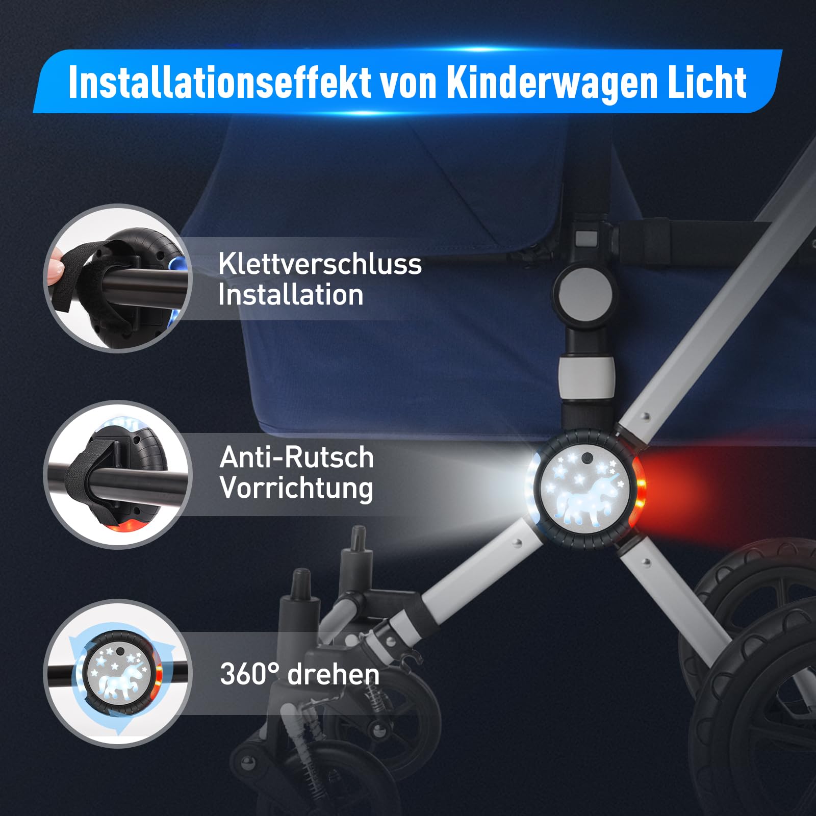 Dusor Luce Passeggino Luce Ricaricabile USB per Passeggino, 27 LED Pro Luce Passeggino 2 Effetti di Illuminazione, IPX6 Impermeabile Passeggino Adatto per Tutti i Passeggini (2 pezzi)